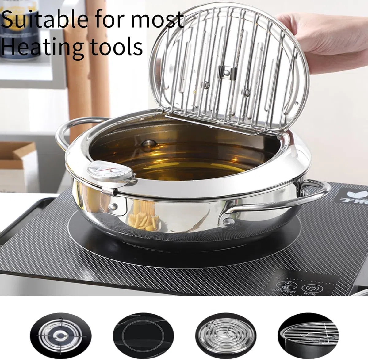 Pentola per frittura, pentola giapponese in acciaio inox con scarico dell'olio, controllo della temperatura e coperchio, friggitrice tempura per fornelli a gas/induzione, per patatine e pollo (28CM)