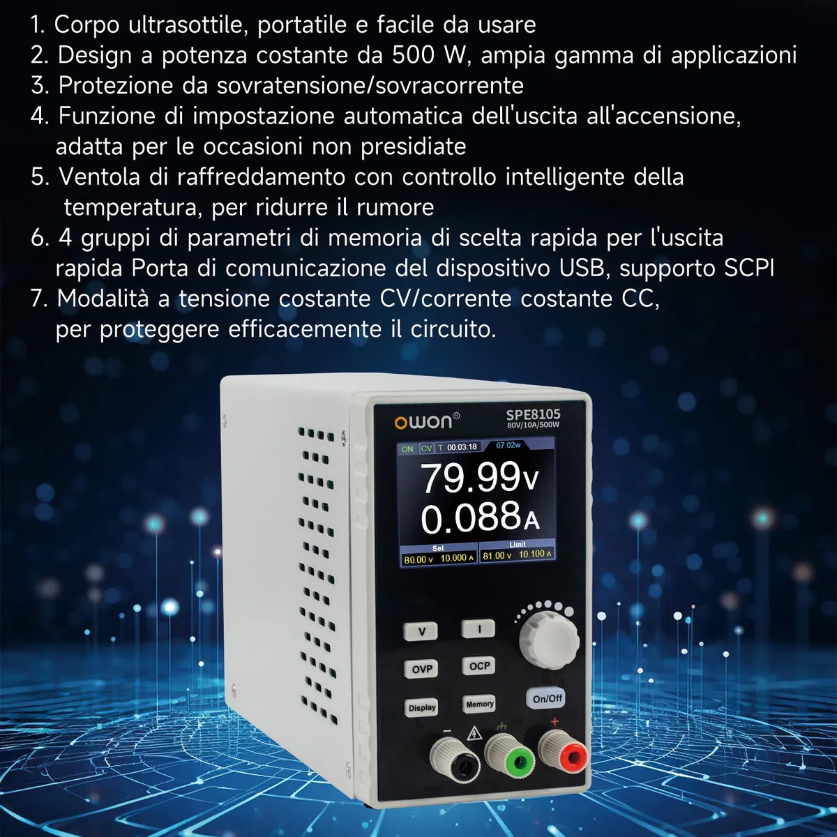 OWON Alimentatore da laboratorio (0-80 V, 0-10 A), alimentatore DC programmabile con potenza di uscita max. 500 W, display LCD da 2,8 pollici e pulsante di attivazione/disattivazione uscita SPE8105