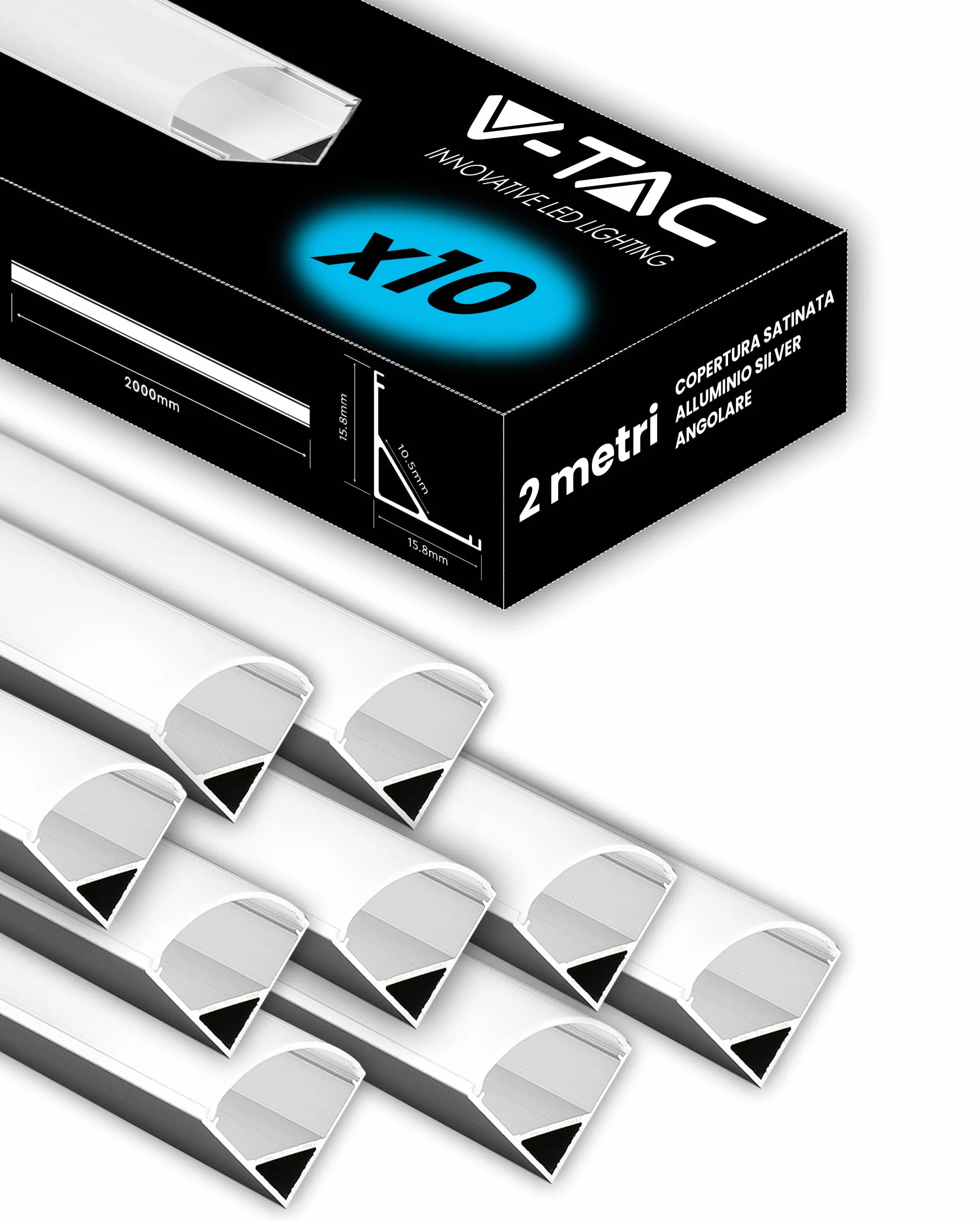 V-TAC Profili Angolari per Strisce LED Alluminio 2 Metri Argento 21,3x15,8mm