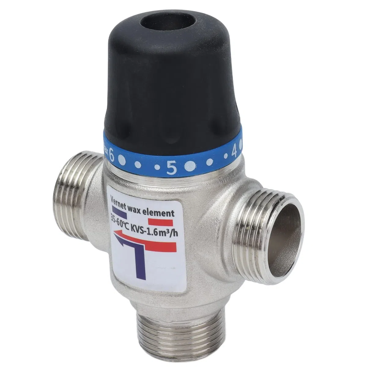 Valvola di Miscelazione Termostatica 3/4" a 3 Vie, Ottone Nichelato, Temperatura Regolabile 35-60°, Argento e Nero, Interruzione Automatica