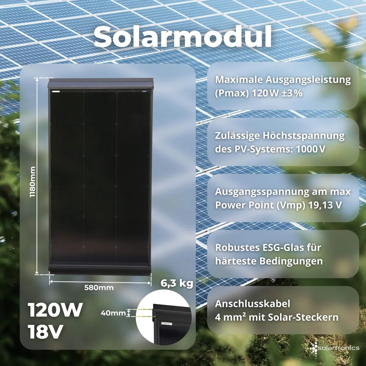SOLARTRONICS Pannello solare da 120 W, spoiler preassemblato per un montaggio comodo e sicuro, ideale per camper, barche, campeggio, giardino e fuoristrada