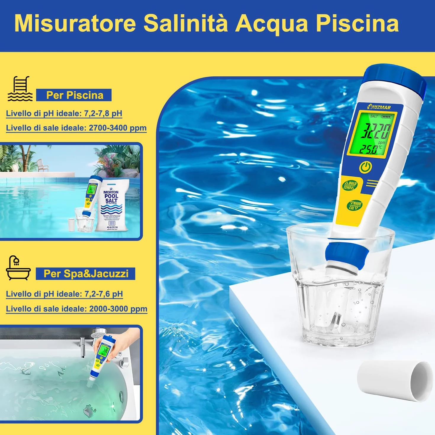 UIUZMAR Misuratore Salinità Acqua Piscina 5 in 1 pH Sale EC TDS Temp Digitale