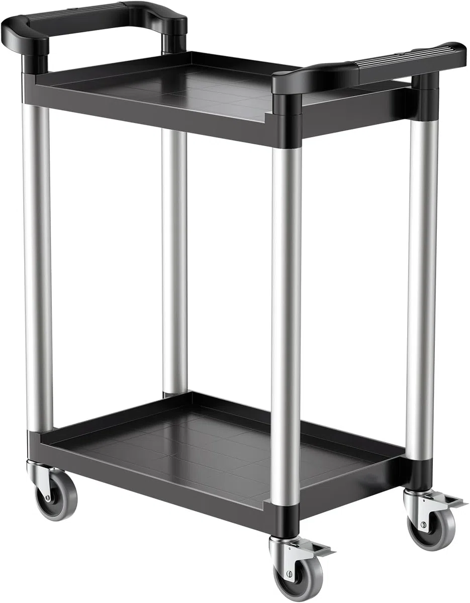 VEVOR Carrello Portavivande, Capacità di Carico 136 kg Carrello per Servizi Alimentari in Plastica a 2 Livelli da 620 x 410 mm con Ruote Girevoli 360° per Magazzino, Ufficio, Casa, Ristorante, Cucina