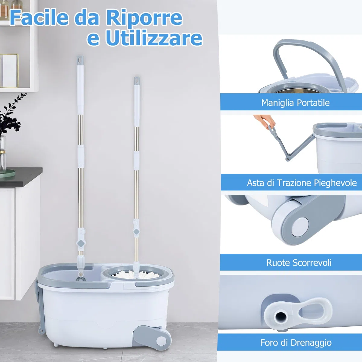 LIFEZEAL Set di secchio e mocio, mop per la pulizia dei pavimenti girevole a 360° in microfibra con manico telescopico, secchio mocio a 2 scomparti con scolapiatti (tuta mop + 6 x Round Mop)