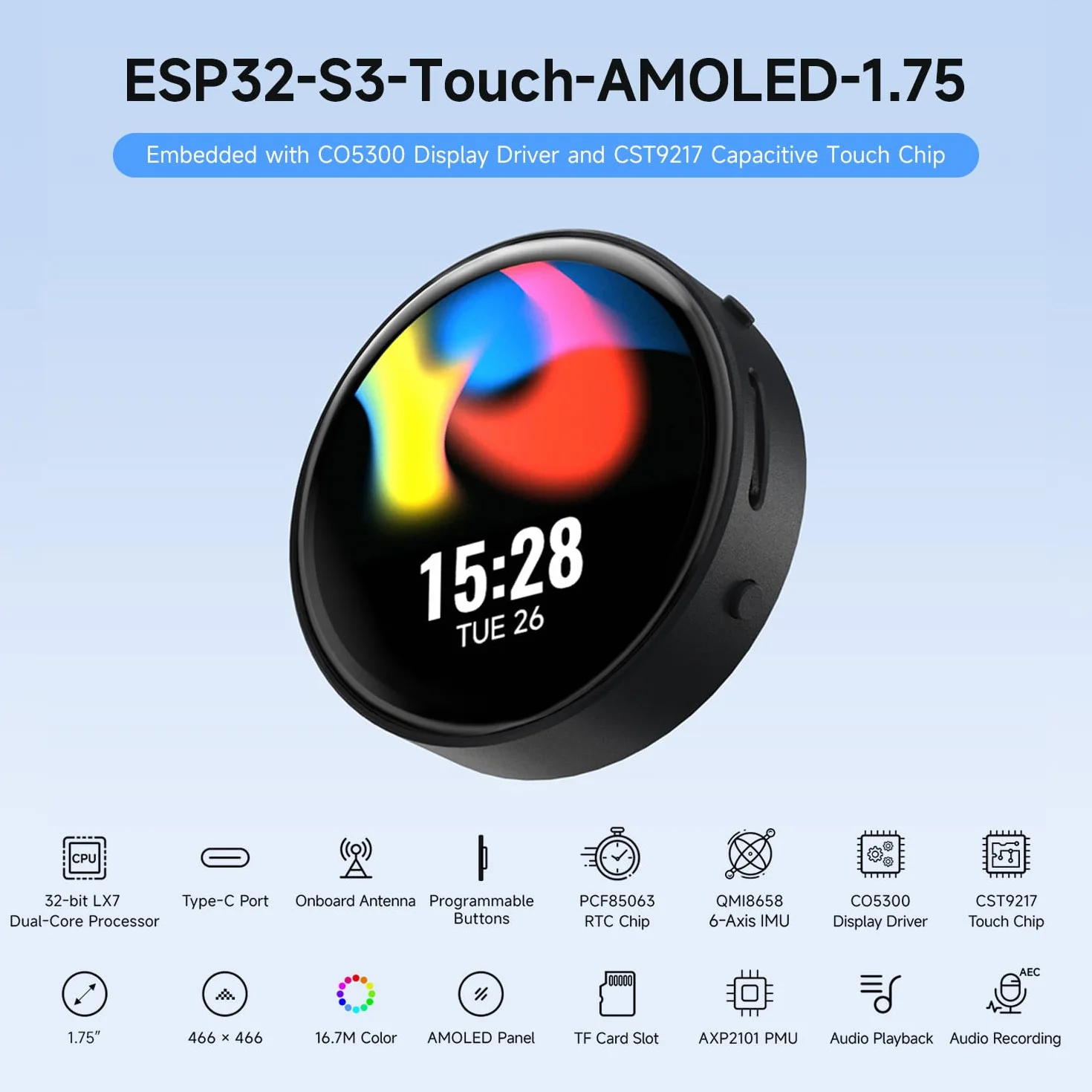 Waveshare ESP32-S3 1.75inch AMOLED Round Touch Display Development Board(with Case, No GPS), 32-Bit LX7 2-Core Processor, 466x466, QSPI Interface, Dual Digital Microphones Array, ESP32 With Display