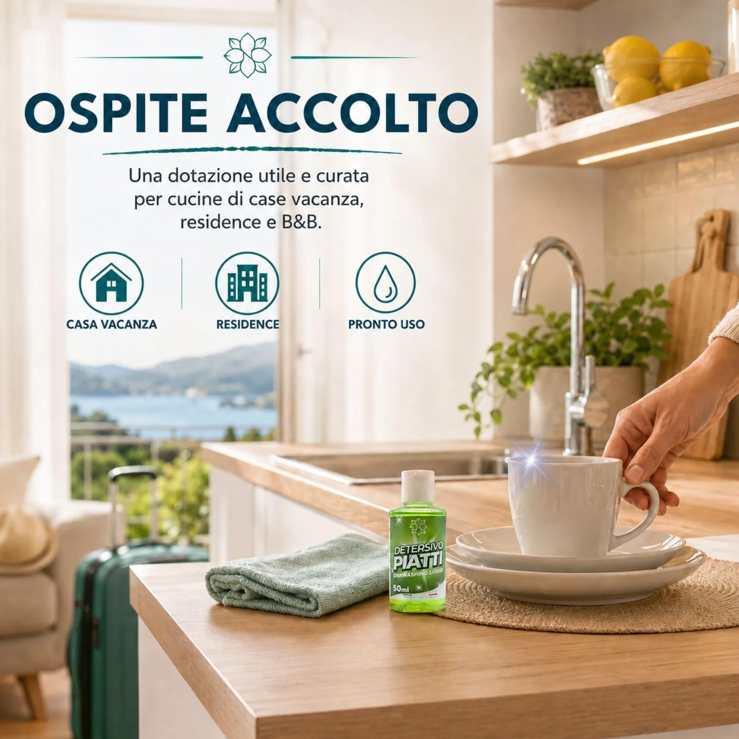Detersivo piatti a mano per residence e case vacanza 50 flaconi da 50 ml, mini detersivo piatti al profumo di limone con tappo flip-top - Made in Italy