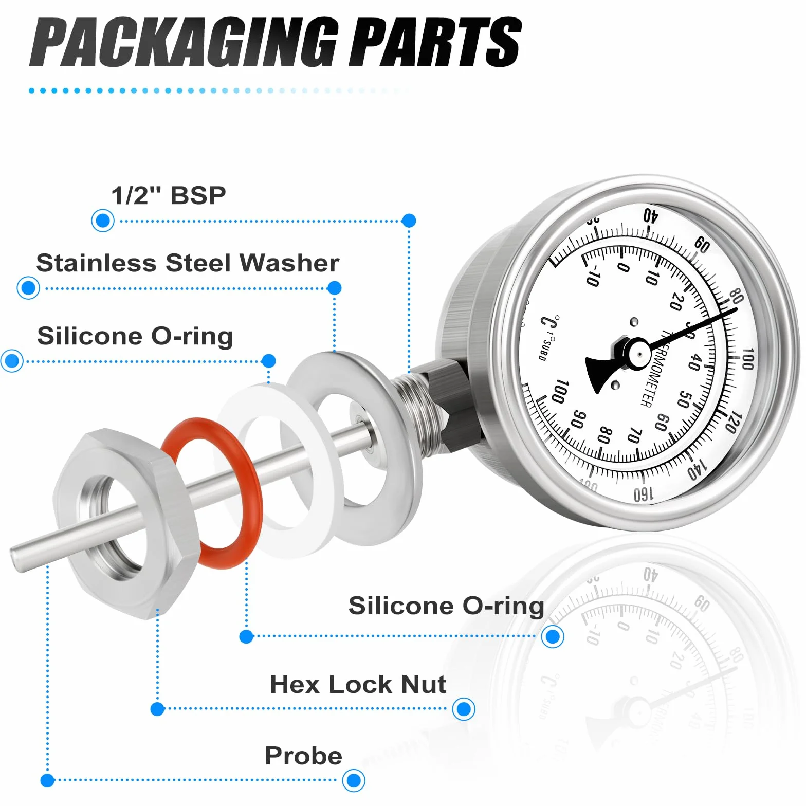 MEANLIN MEASURE Termometro bimetallico 1/2" BSP 3.3" Dial 4.4" Stelo in acciaio inossidabile -10~100℃/0~220℉