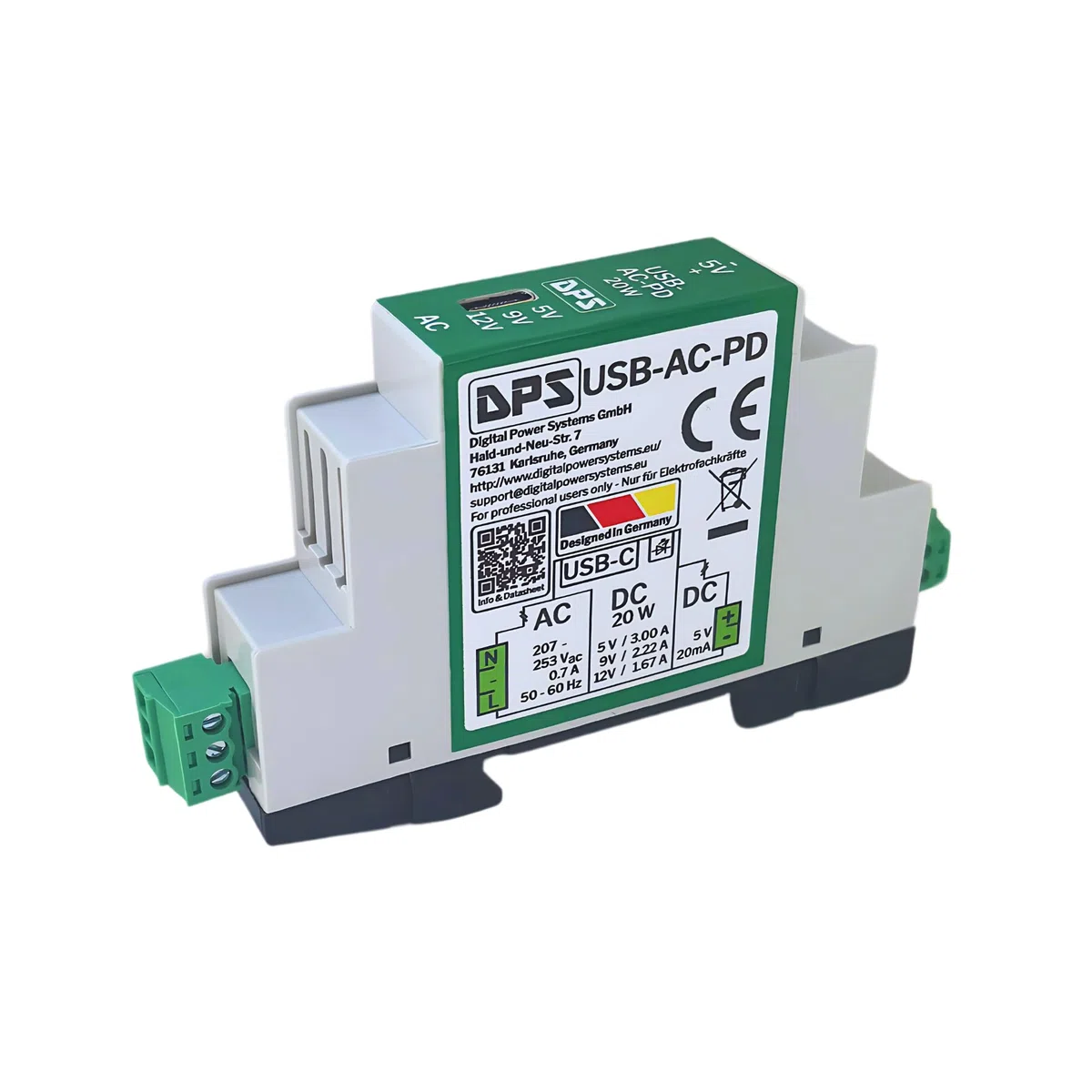 DPS – Alimentatore di rete USB-C 230 V AC, 20 W Power Delivery – 5 V/9 V/12 V – con protezione da cortocircuito e sovratensione – Qualità industriale
