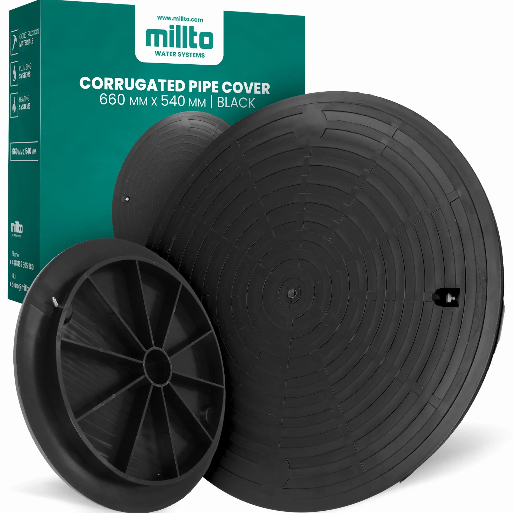 Millto™ Coperchio per Bocca Tonda, Diametro DN540, Nero, Polipropilene, Coperchio per Canale e Scarico, Cisterna, Kl. A15, Carico fino a 1,5 t, Copertura Ondulata