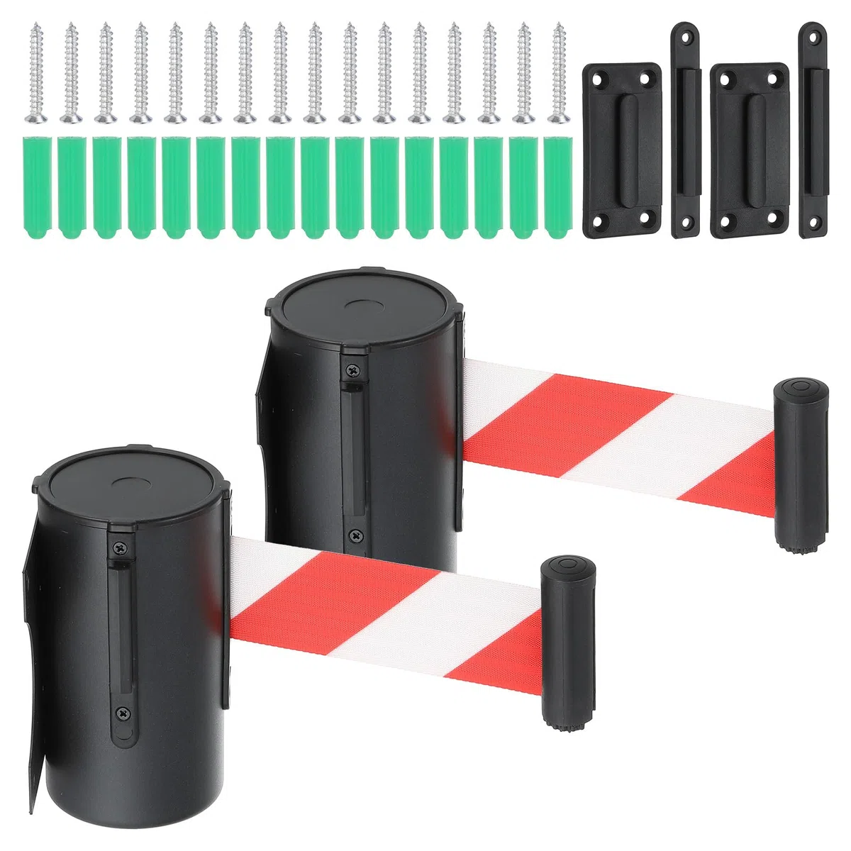 PATIKIL Barriera a Nastro Retrattile a Parete Fissa, 2Pz 16.4 Piedi Barriera a Nastro Retrattile Fisso Custodia Acciaio per Controllo Folla Negozi Alimentari Stadio, Nero/Rosso/Bianco
