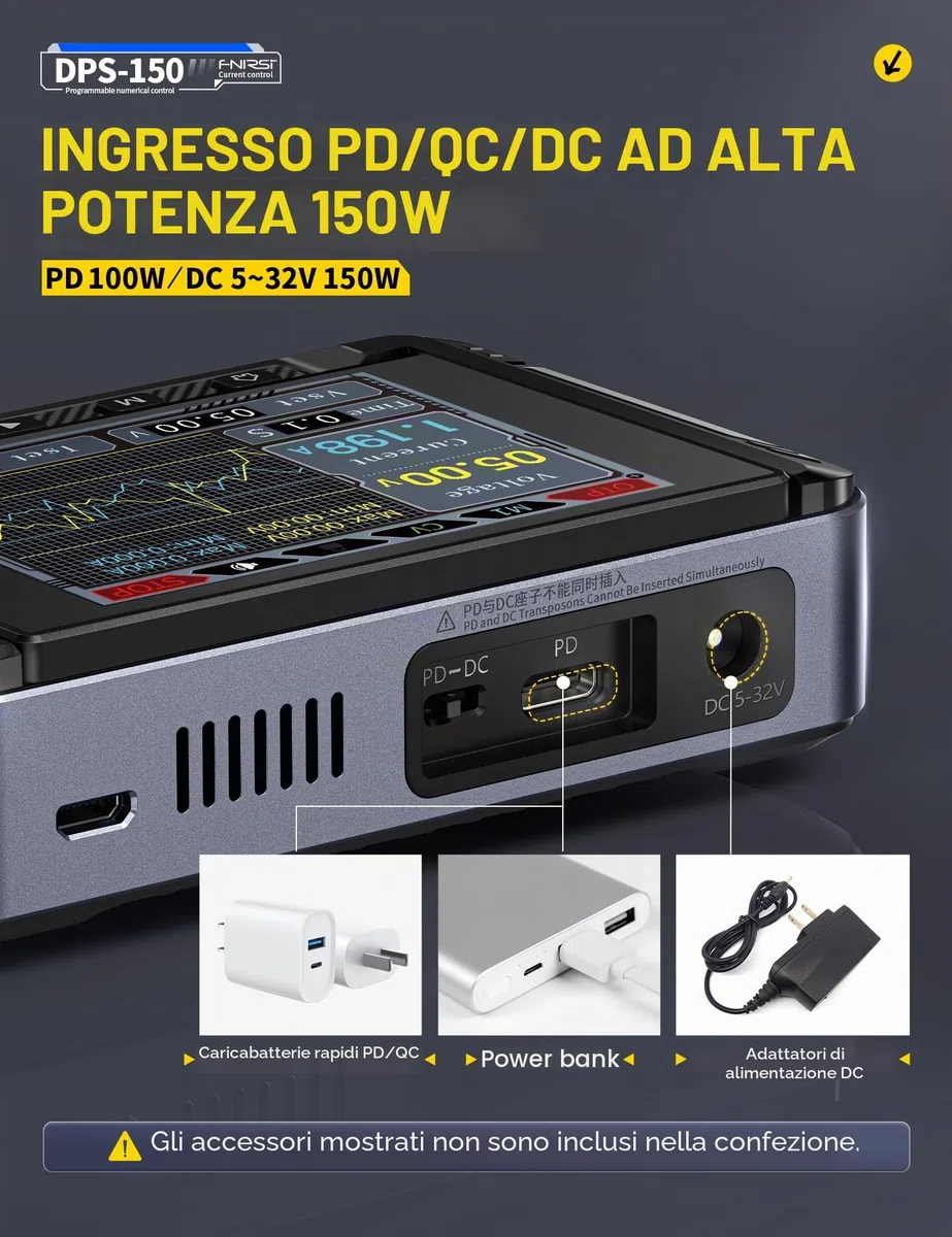 FNIRSI Alimentatore DC DPS-150 variabile, alimentatore CNC DC regolabile 30V 5A con display IPS a 4 cifre, ondulazione di alimentazione <20mV, ingresso PD/QC/DC, alimentatore switching programmabile