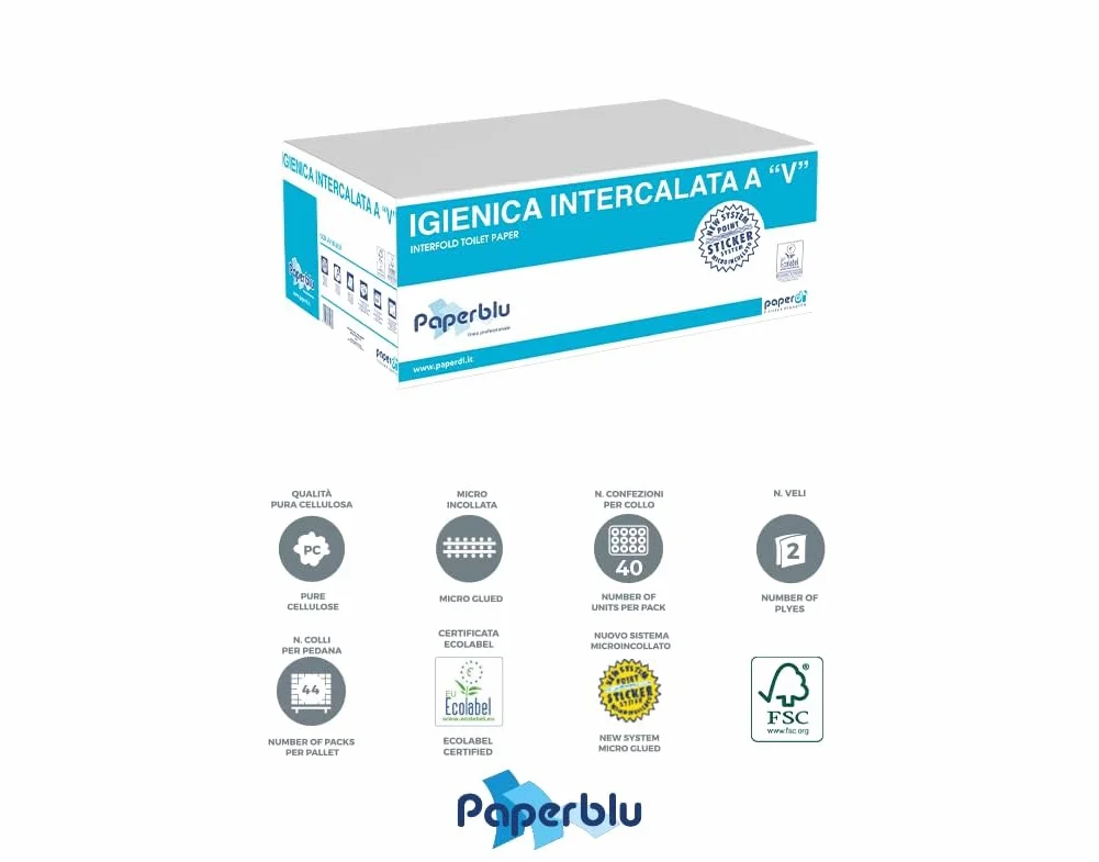 Carta igienica intercalata a V 2 Veli pura cellulosa 40 cf x 225 pz 9000 fogli
