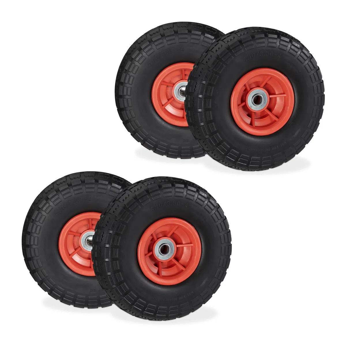 Relaxdays Ruota per Carriola 4.10/3.50-4", Set 4 Gomme Piene Antiforatura, Cerchi in Plastica, Fino a 150 kg, Nero Rosso