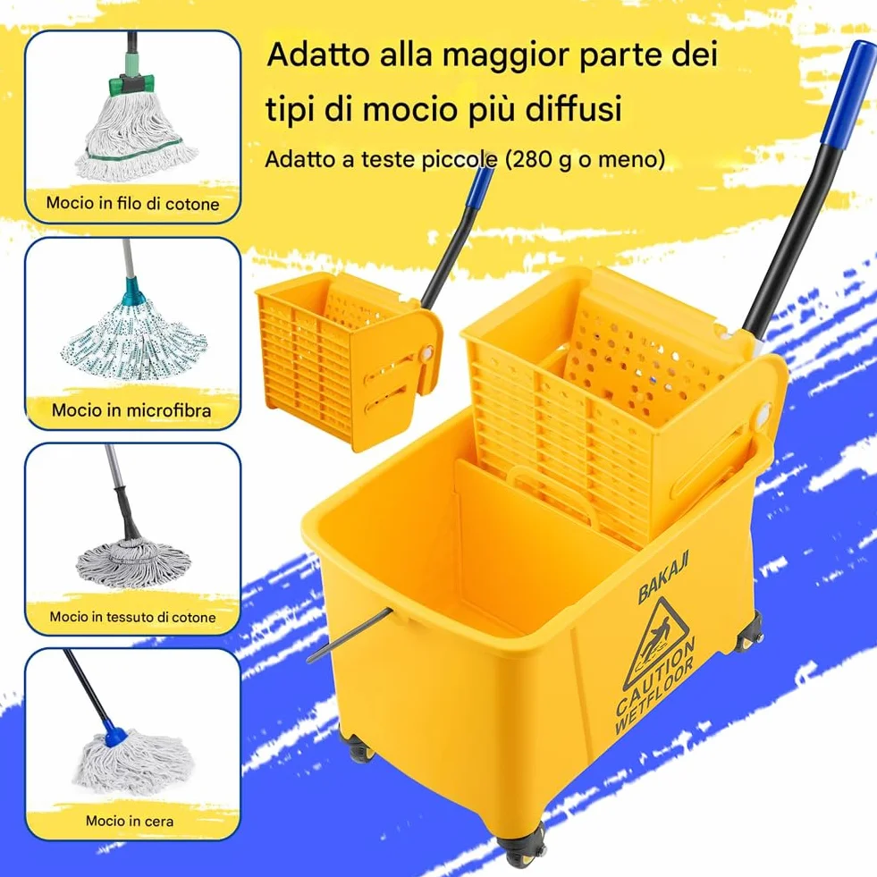BAKAJI Carrello per Pulizie Professionale con Secchio Lavapavimenti 20 Litri