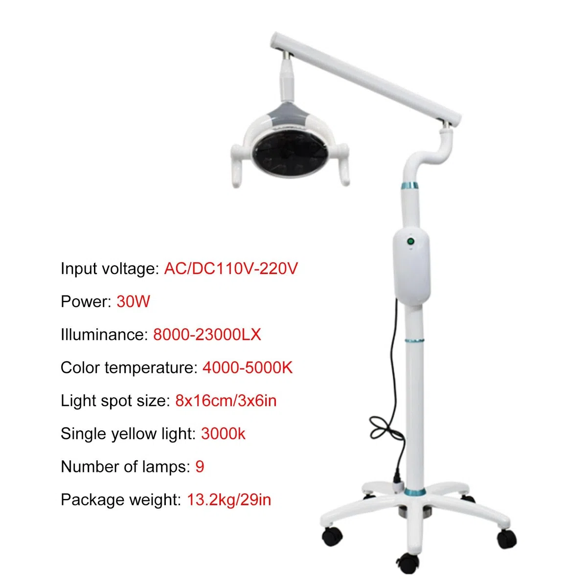Lampada per Visita Medica Mobile da 30W, Lampada Scialitica Dimmerabile, Lampada per Visita Chirurgica, Apparecchiatura per Terapia Orale da Pavimento, con 9 Lampadine a LED