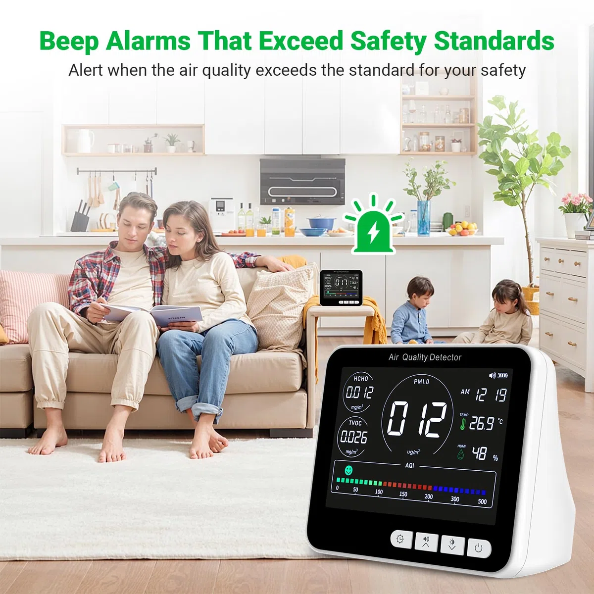 Qualità dell'aria e del flusso d'aria, 9 In1 Air Quality Monitor, PM1.0, PM2.5, PM10, HCHO, TVOC, AQI, Time, Temperature, Humidity, Indoor Detects