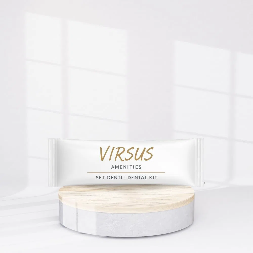 Virsus Set Igiene Orale monouso imbustato, confezione Flowpack bianca, spazzolino denti trasparente e tubetto Dentifricio da 5ml, per Albergo Hotel B&B Host, Set da Viaggio Linea cortesia (100)