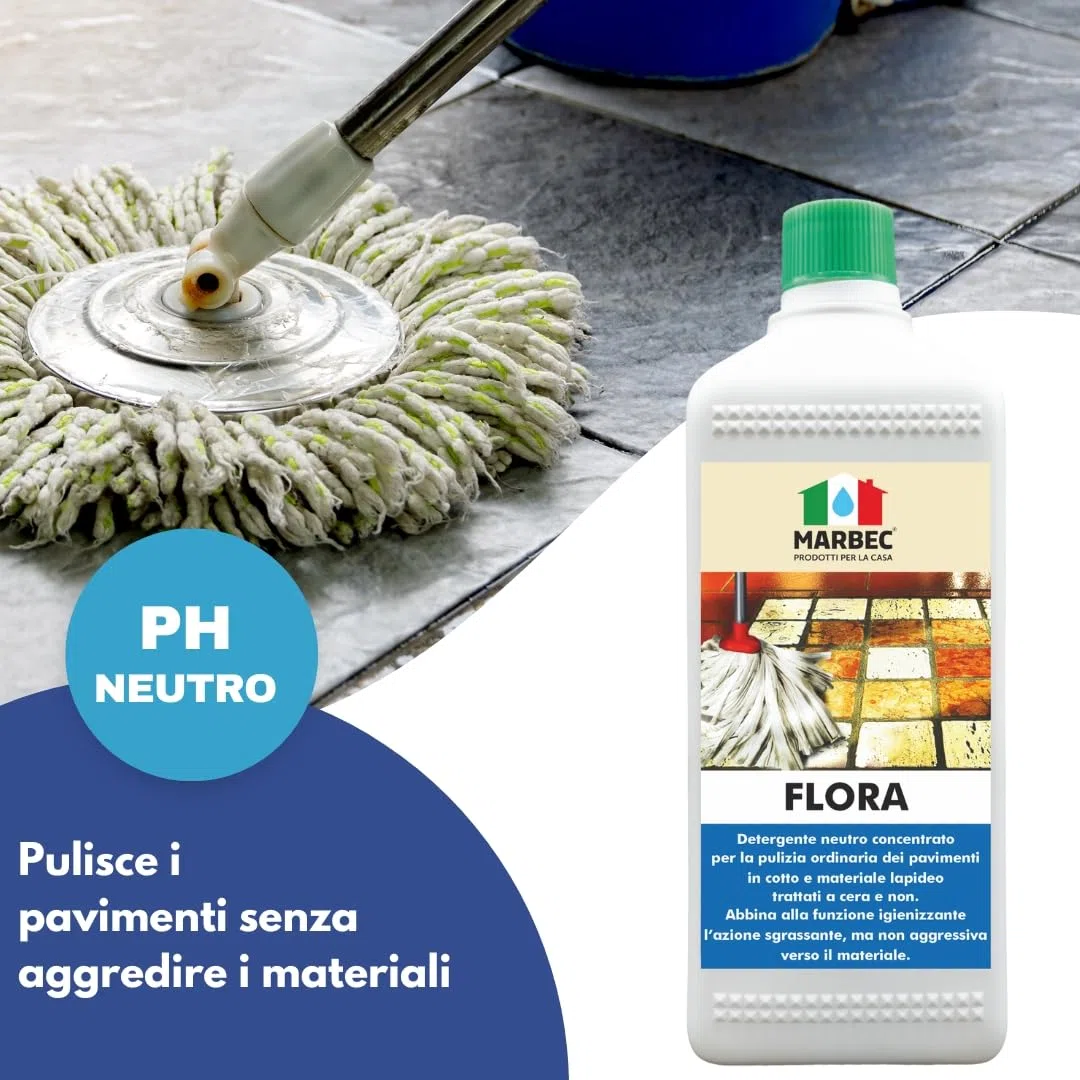 MARBEC FLORA 1LTX6PZ Detergente per pavimenti in cotto e materiali lapidei, ideale per la pulizia ordinaria di superfici trattate e non.
