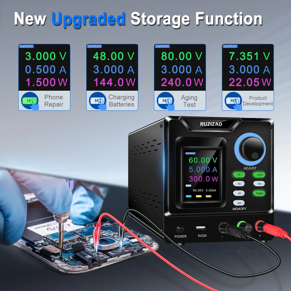 Alimentatore da Banco Programmabile 60V 5A, Alimentatore da Laboratorio con Memoria/OUTPUT/Encoder, Alimentatore Regolabile Variabile con Software, Pulsante di Blocco e Porta di Ricarica USB