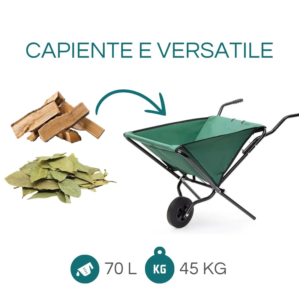 Virsus Carriola Pieghevole capacità 70 Litri 45 kg, Carrello da giardino struttura acciaio, sacca in tessuto, ruota diametro 20cm, ideale per il trasporto di legno, rifiuti da giardino, foglie - (F)