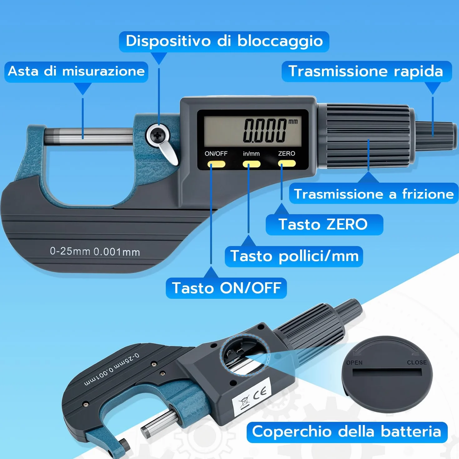 Mcbazel LCD Micrometro Digitale Elettronico Esterno 0-25 mm, Risoluzione 0.001mm
