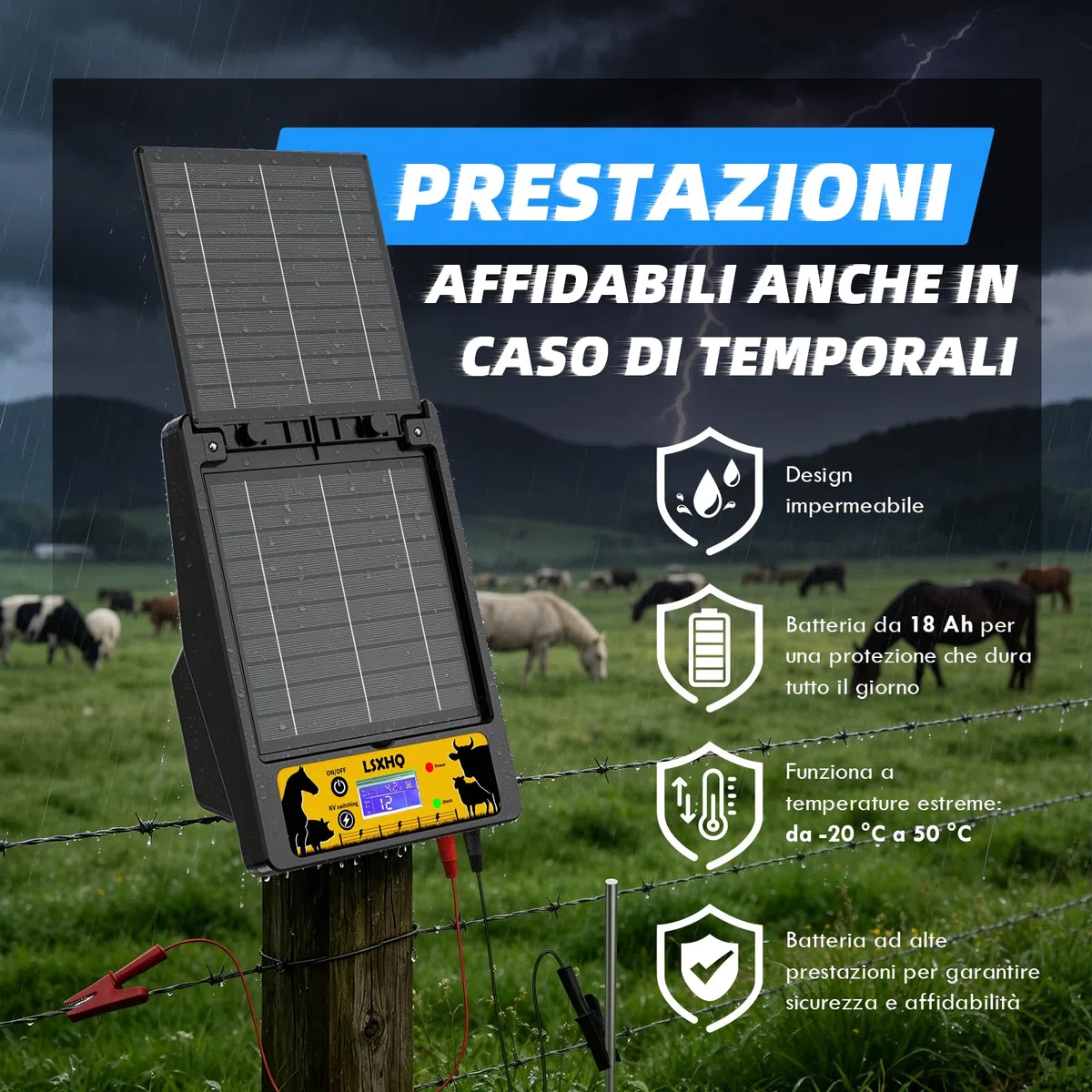 Elettrificatore per Recinti Solare per Portata 32 KM, Batteria al Litio 18000mAh, Elettrificatore con Pannello Solare 10W, 0.3-2J, 6KV-12KV Regolabile, Protezione per Pollame, Bestiame (Nero)