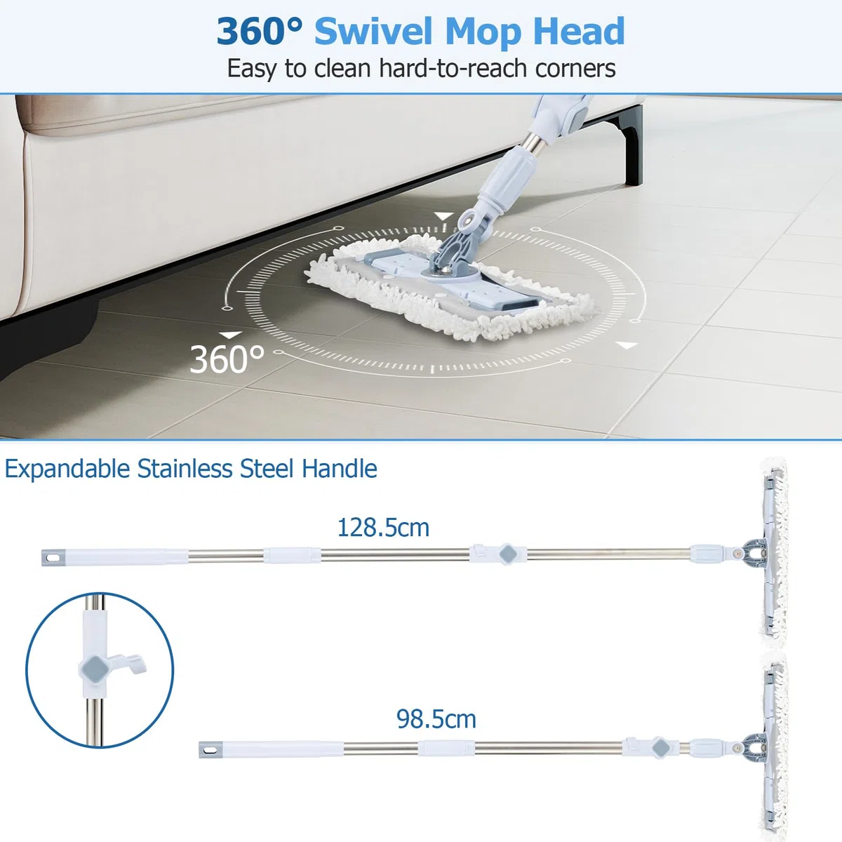 LIFEZEAL Set di secchio e mocio, mop per la pulizia dei pavimenti girevole a 360° in microfibra con manico telescopico, secchio mocio a 2 scomparti con scolapiatti (tuta mop + 6 x Round Mop)