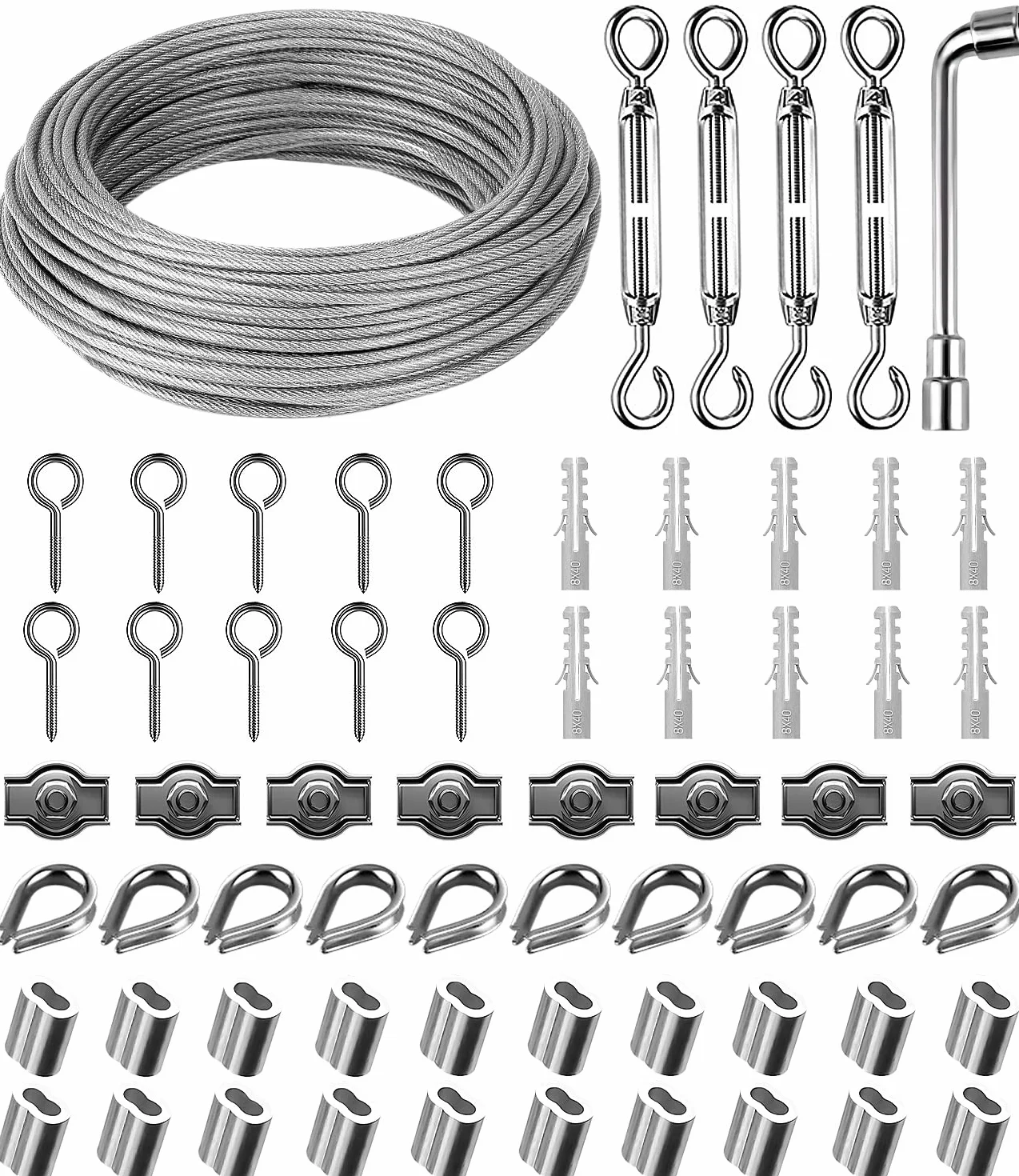 30m 304 inossidabile cavo acciaio, 3mm tiranti per filo acciaio con Tenditore e Ganci,Corda Appesa Montaggio Kit, filo per stendere il bucato da esterno, Tende, Appendere Luce