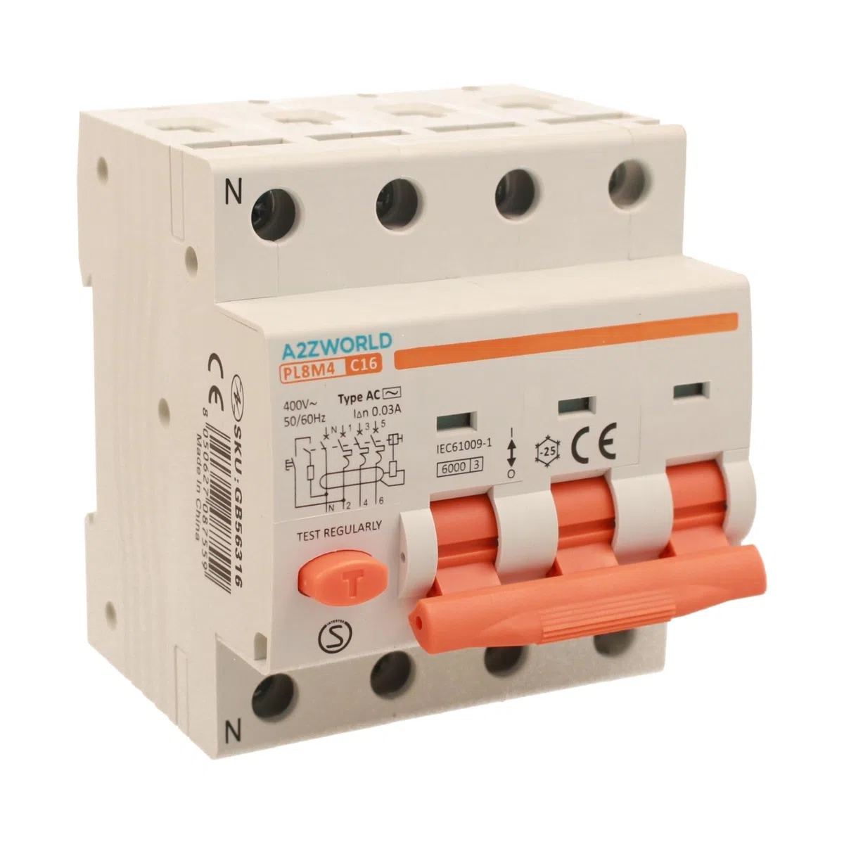 Interruttore Differenziale Magnetotermico Trifase 30mA 16A C16, RCBO Tipo AC Curva C, 3P+N 6kA 400V, Occupa 4 Moduli DIN