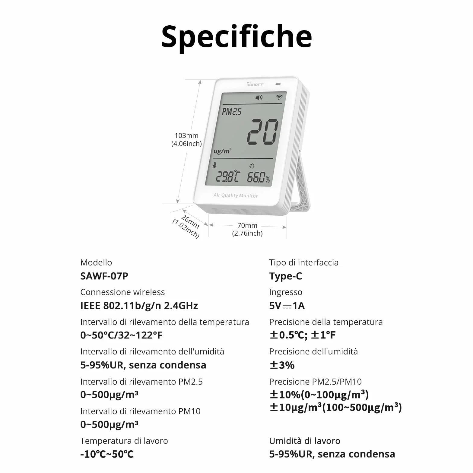 SONOFF Monitoraggio intelligente della qualità dell'aria PM2.5 PM10 Temperatura Umidità Display Allarme