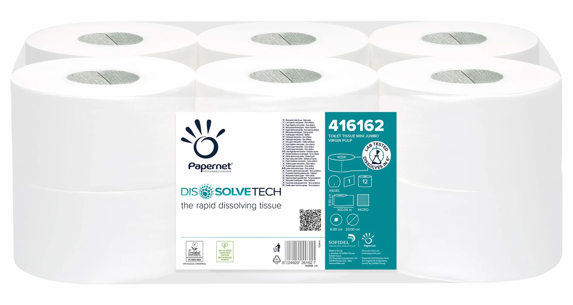 Papernet Carta Igienica Mini Jumbo Dissolve Tech 12 rotoli 300 Mt