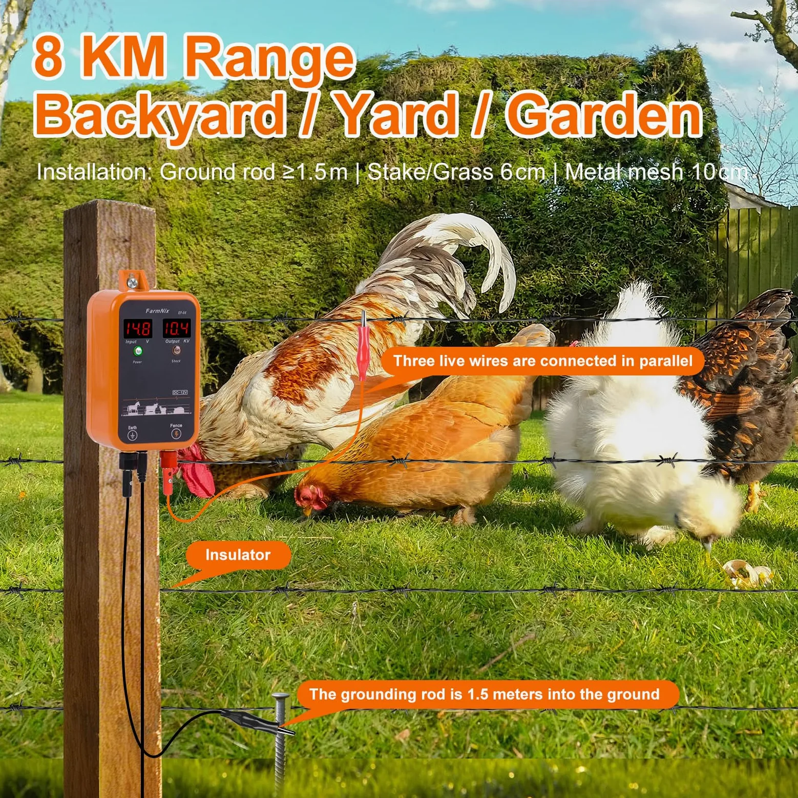 Elettrificatore Recinzione Elettrica 12V con display LED digitale, 1J 230V per portata 8 KM, per piccoli animali, pollame e animali domestici, ideale per giardino, fattoria e pascolo