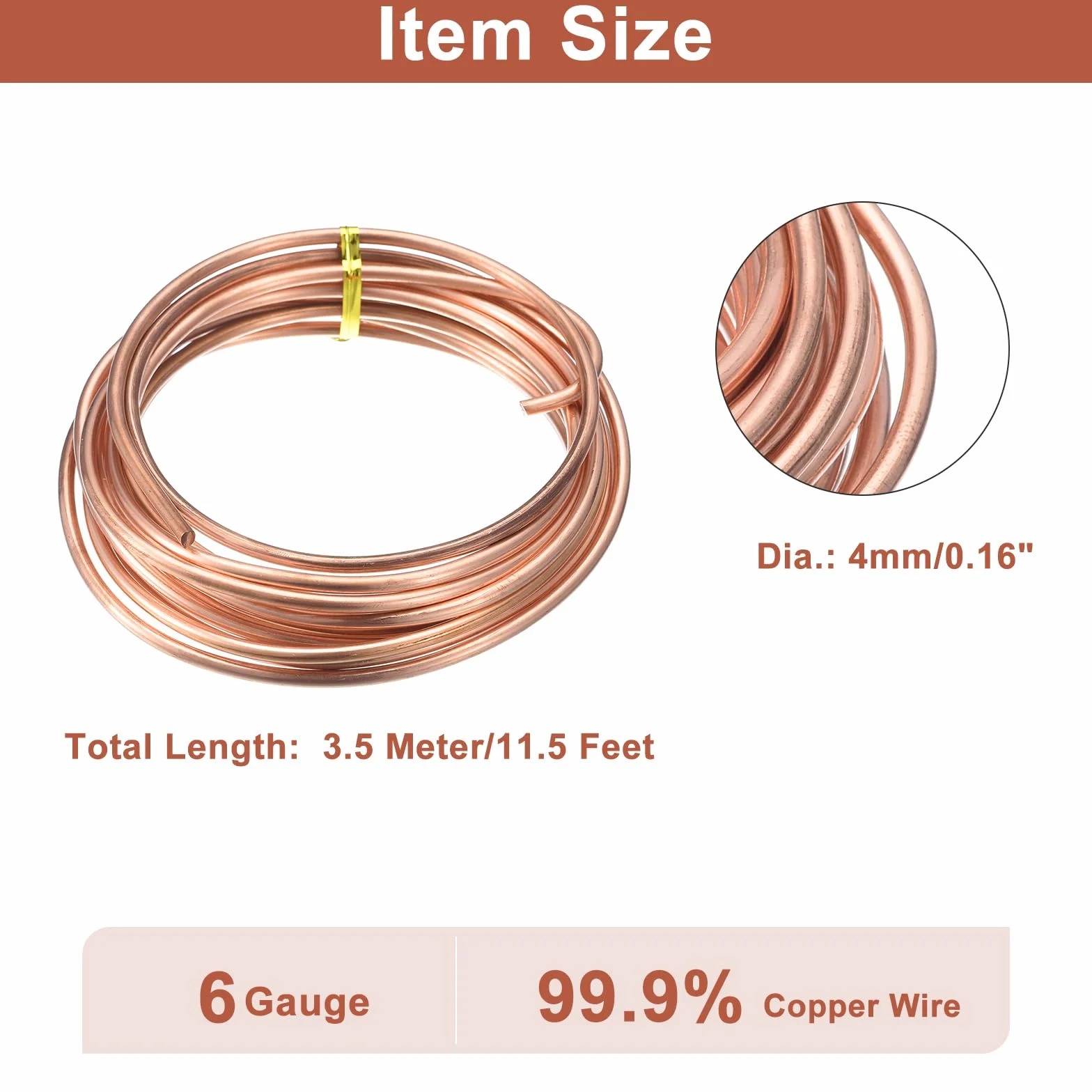 QUARKZMAN 3,5M Filo di Rame Morbido 6 Gauge, Bobina Rame Puro al 99,9% (4mm) Filo Solido per Electroculture Fai da Te Decorazione da Giardino