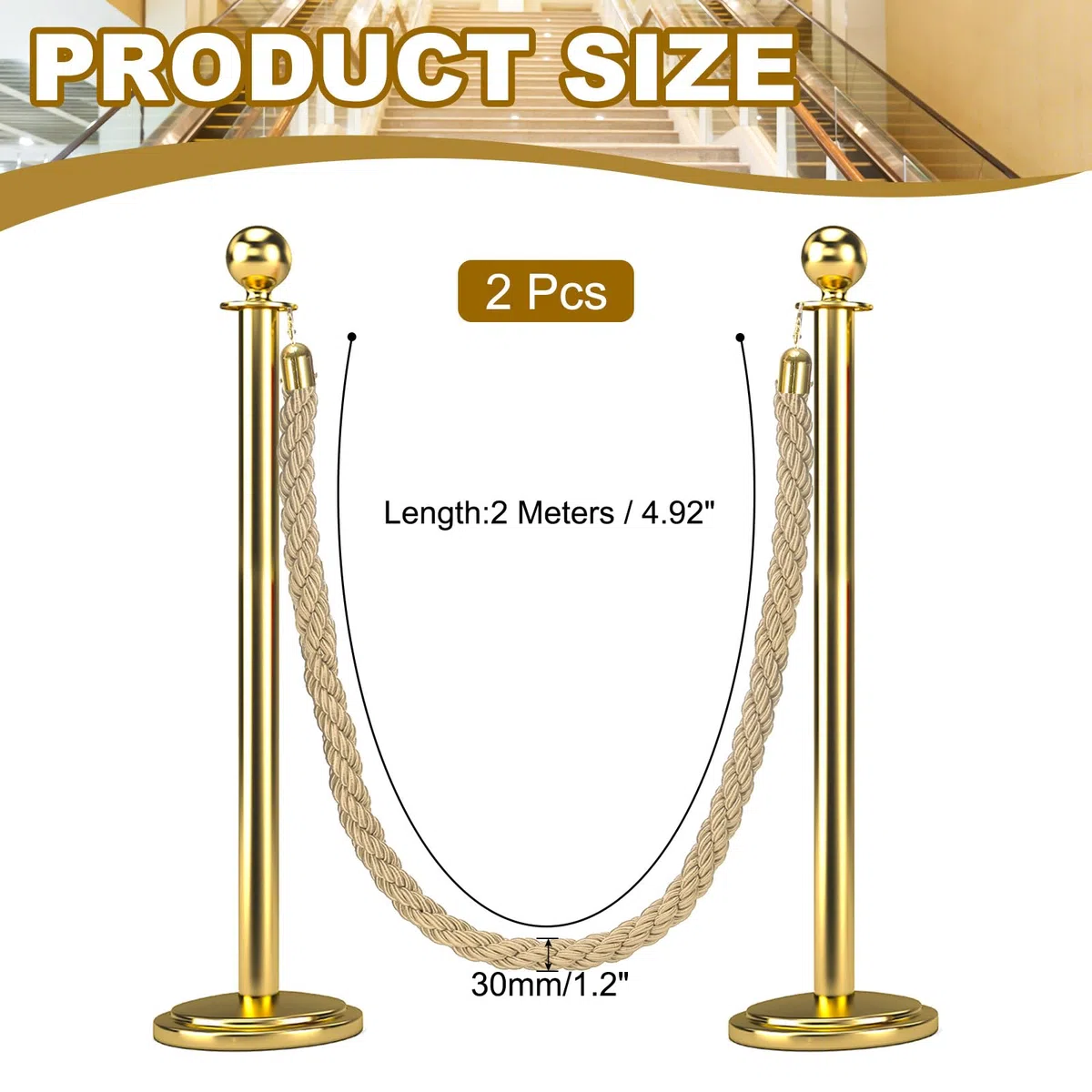 QUARKZMAN 2 Pz 6.6 Ft/2 m Cordone Barriera Ritorto Con Ganci Champagne Dorato