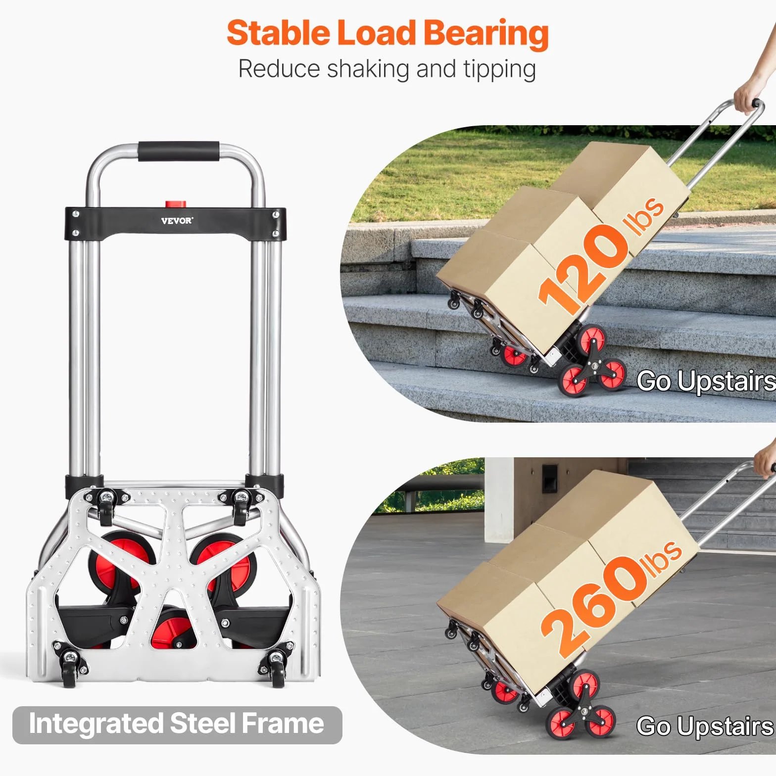 VEVOR Carrello per Salire Scale con Capacità 117,9 kg, Pieghevole per Carichi Pesanti con Maniglia Telescopica, 10 Ruote 2 Corde Elastiche per Ufficio, Shopping