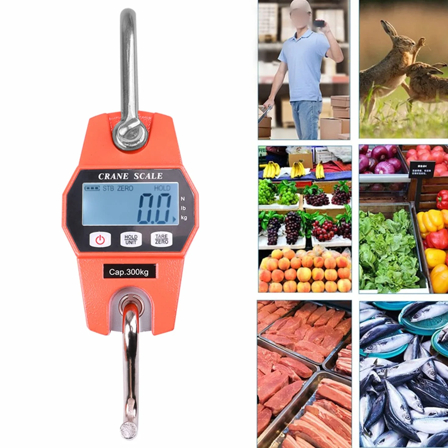 Bilancia Elettronica per Gru a Gancio Digitale LCD 300 kg Dinamometro Elevata Precisione