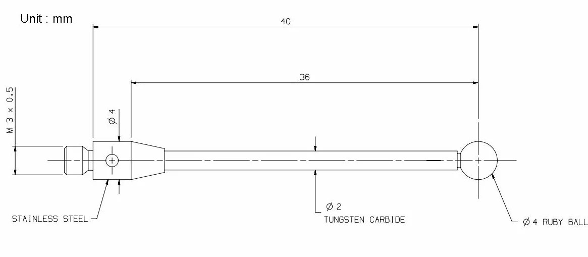 Inserti per pulsante di misurazione tattile M3 sfera rubino Ø 4 mm codolo metallo duro lunghezza 40 mm