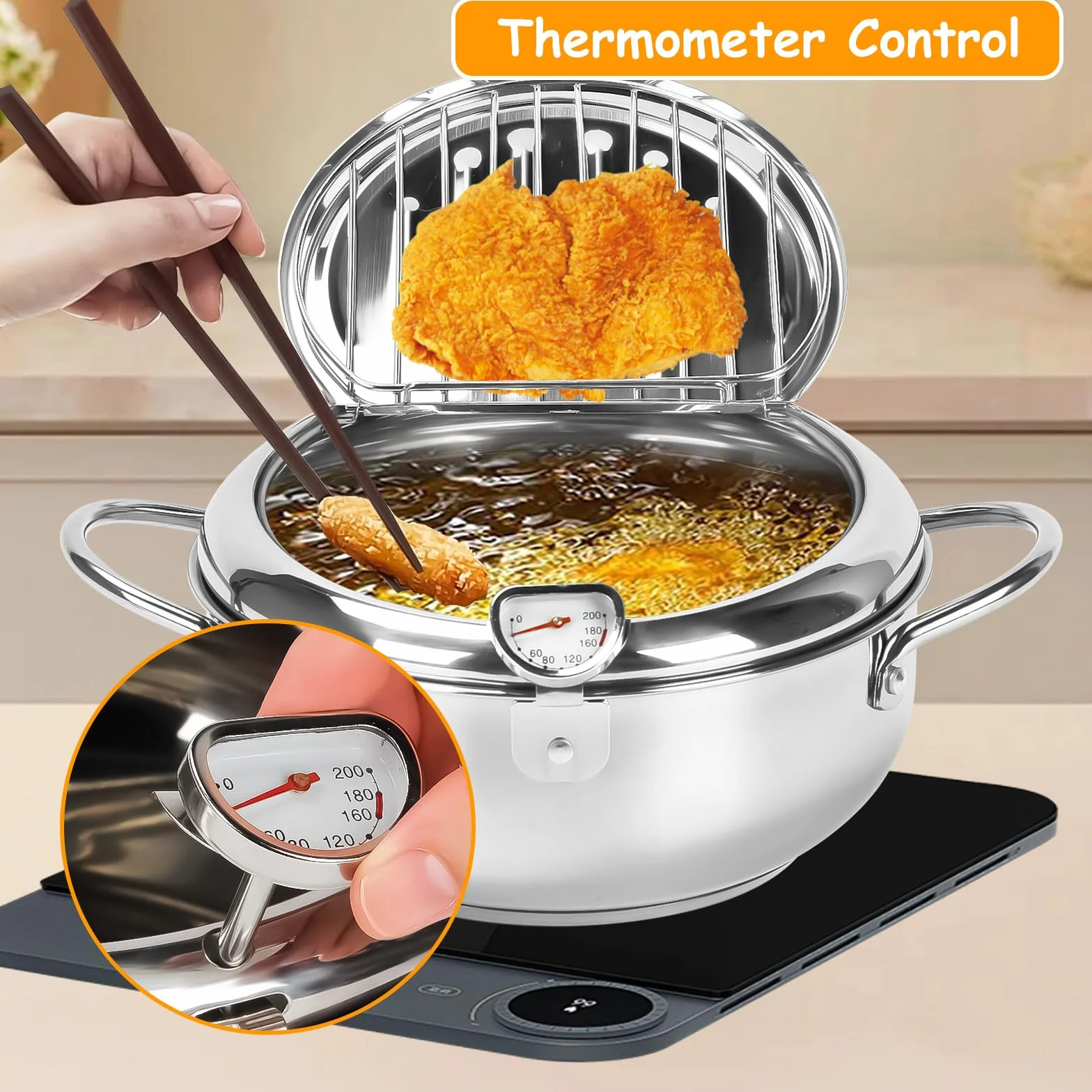 Pentola per Friggere, Friggitrice Tempura in Acciaio Inossidabile 304 Pentola friggitrice Giapponese Giapponese Tempura Friggitrice con Termometro per Pollo Francese, Pesce Secco (24 cm)