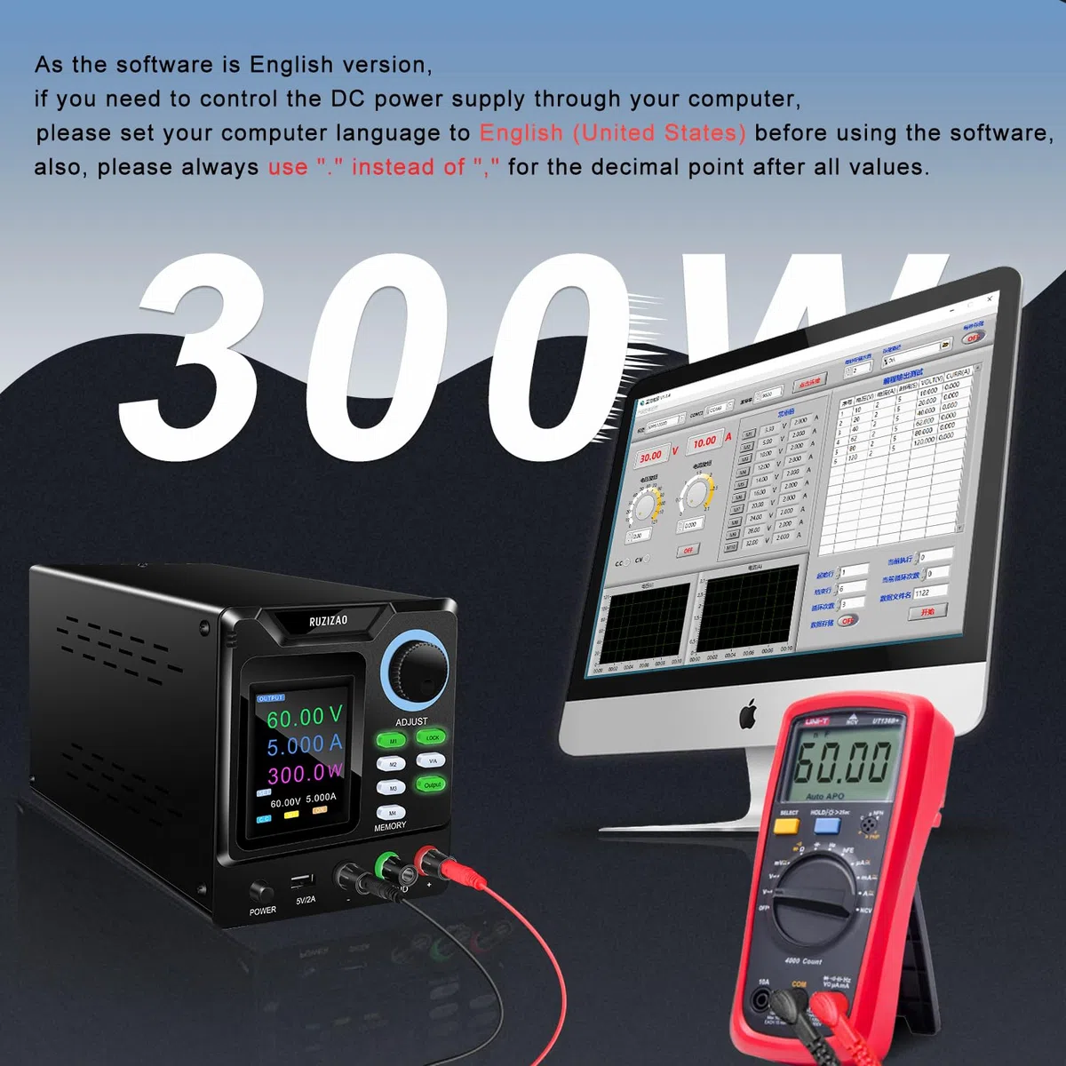 Alimentatore da Banco Programmabile 60V 5A, Alimentatore da Laboratorio con Memoria/OUTPUT/Encoder, Alimentatore Regolabile Variabile con Software, Pulsante di Blocco e Porta di Ricarica USB