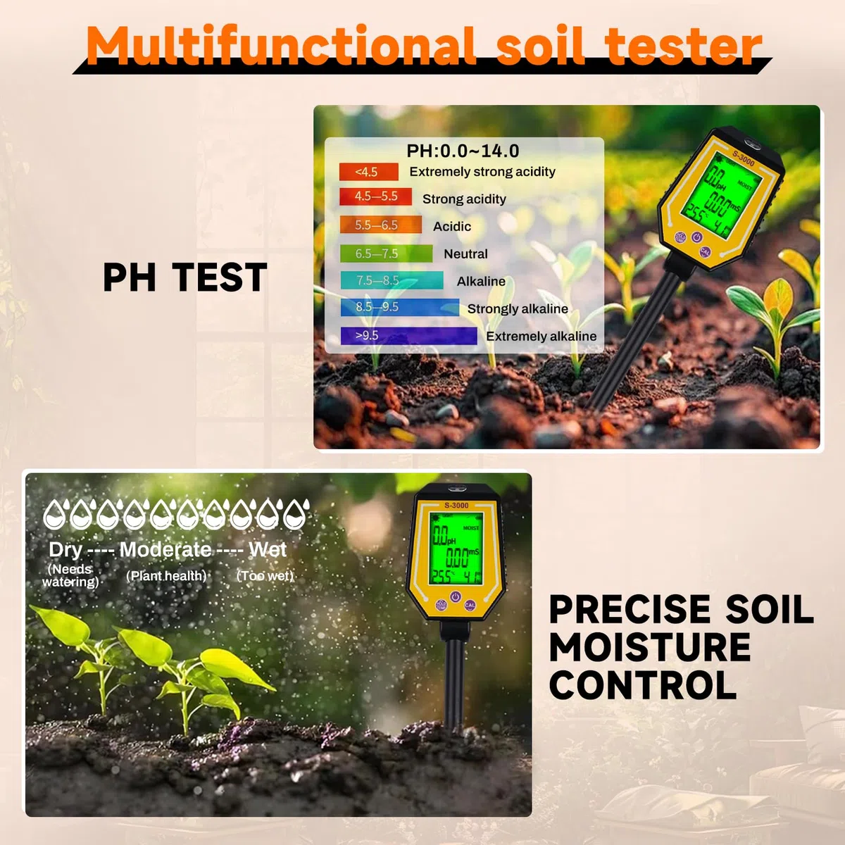 6 in 1 Misuratore PH Terreno Igrometro per Piante Misuratore umidità Terreno Sensore umidità Terreno Fotometria Solare/PH/EC/Temperatura/umidità del Suolo/umidità dell'Aria Display LCD.