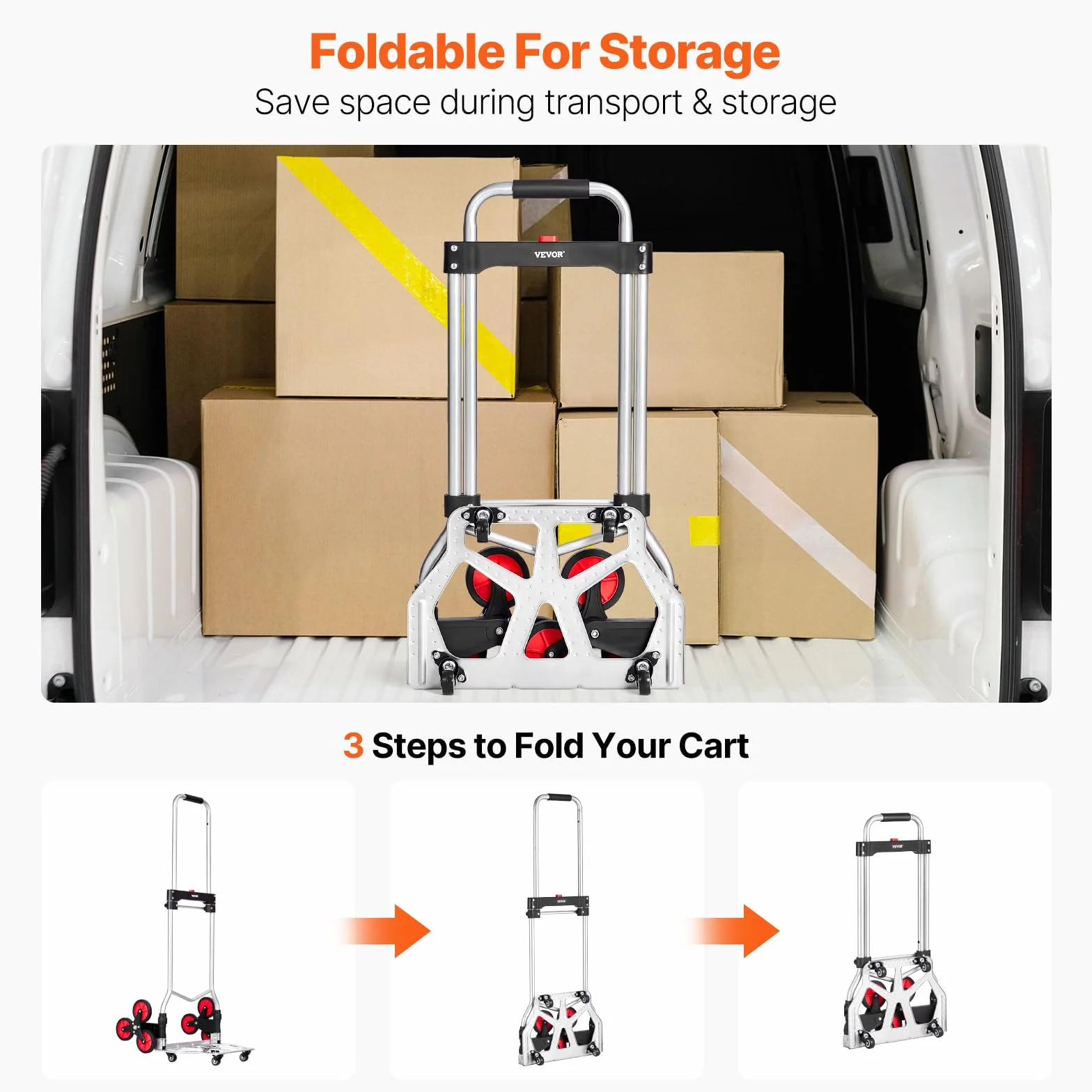 VEVOR Carrello per Salire Scale con Capacità 117,9 kg, Pieghevole per Carichi Pesanti con Maniglia Telescopica, 10 Ruote 2 Corde Elastiche per Ufficio, Shopping