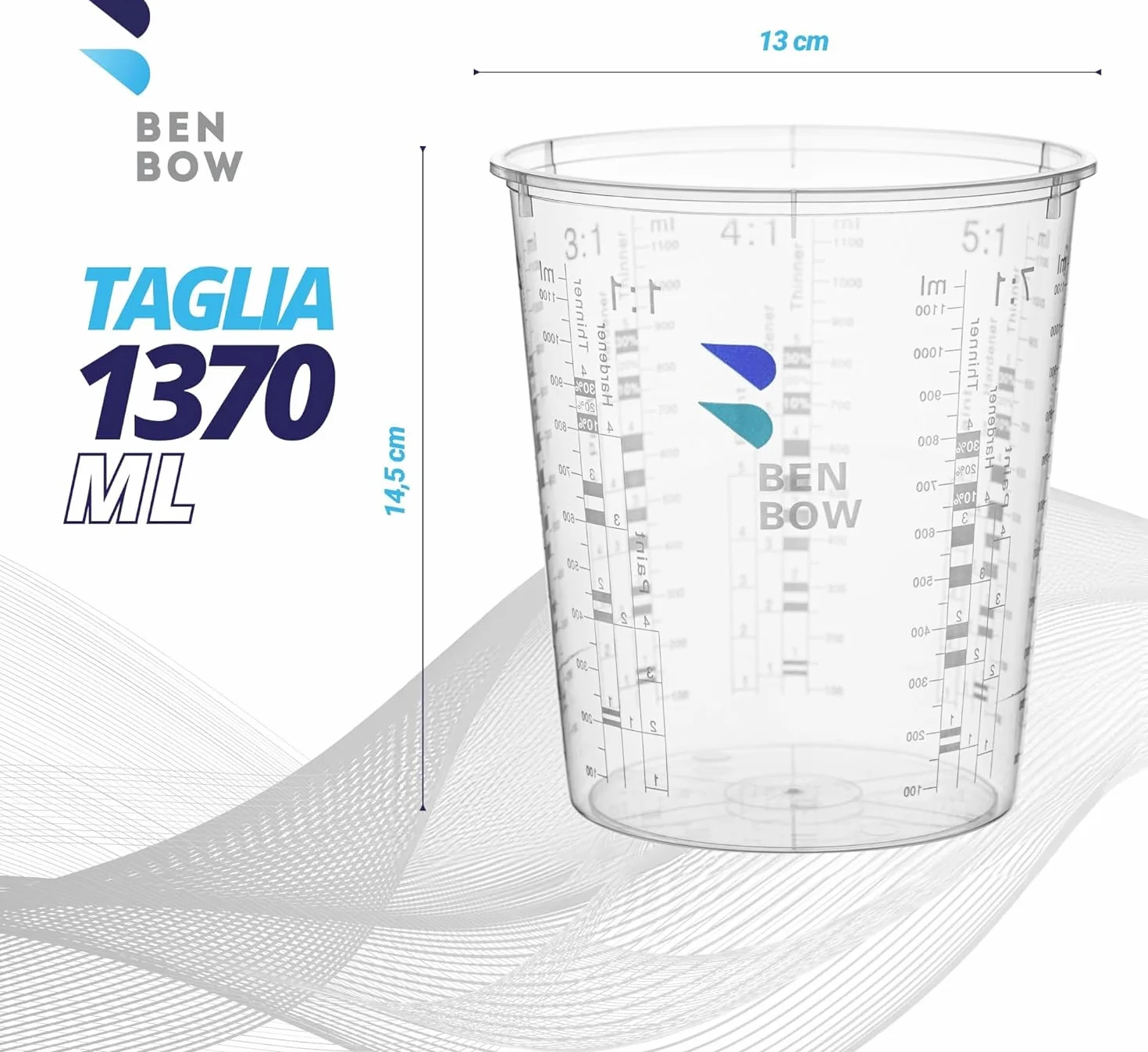 BenBow Professional Tazza di misurazione 50x 1370 ml con 6x copertura - monouso con scale precise, ideale per vernici, rivestimenti e resine epossidiche