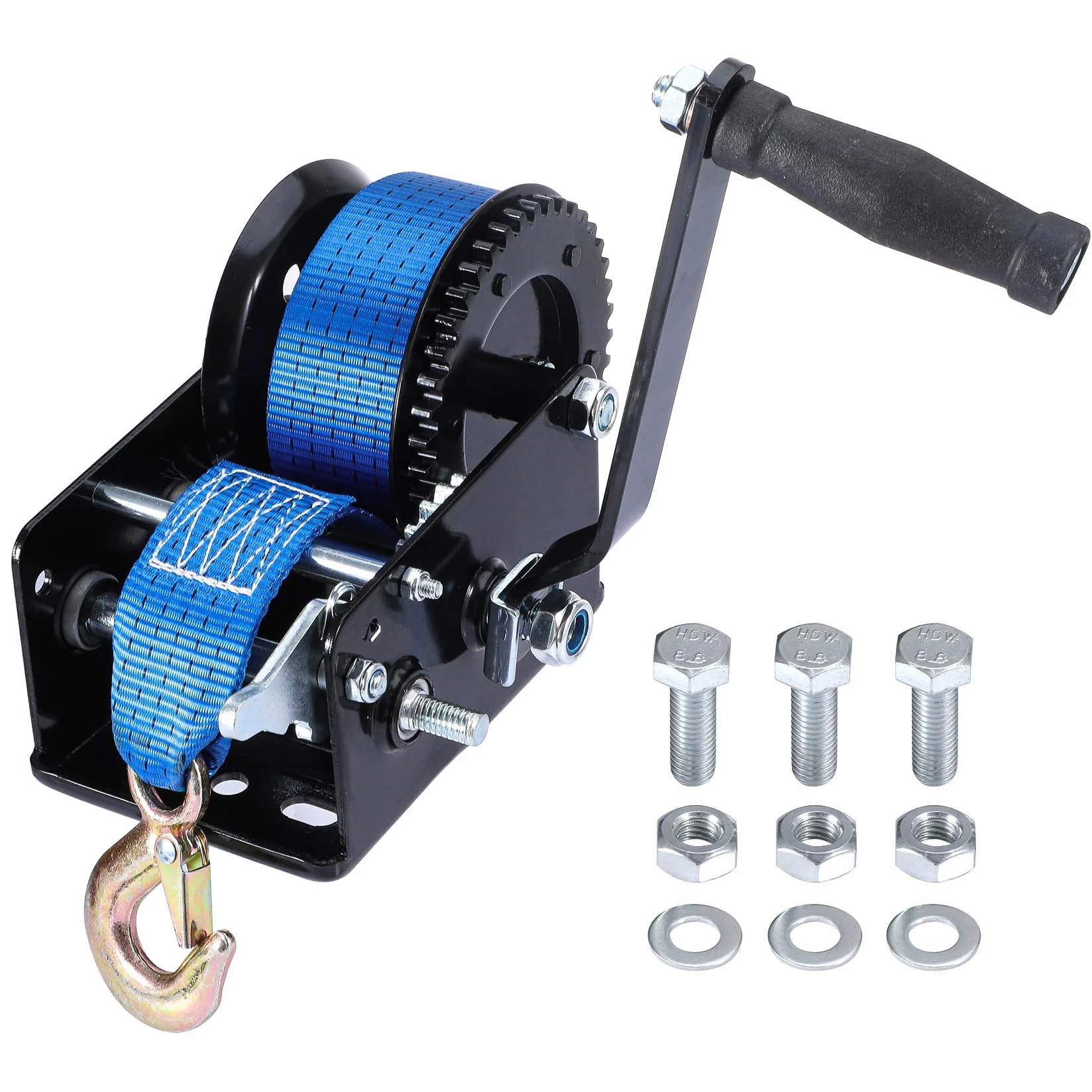 Pindex Verricello Manuale con Cinghia 10 M, Argano a Mano 1000 Kg con Cinghia, Verricello per Barca, Verricello a Mano con Blocco di Ritorno per Officina, Garage, Rimorchi, Dinghi, Legno