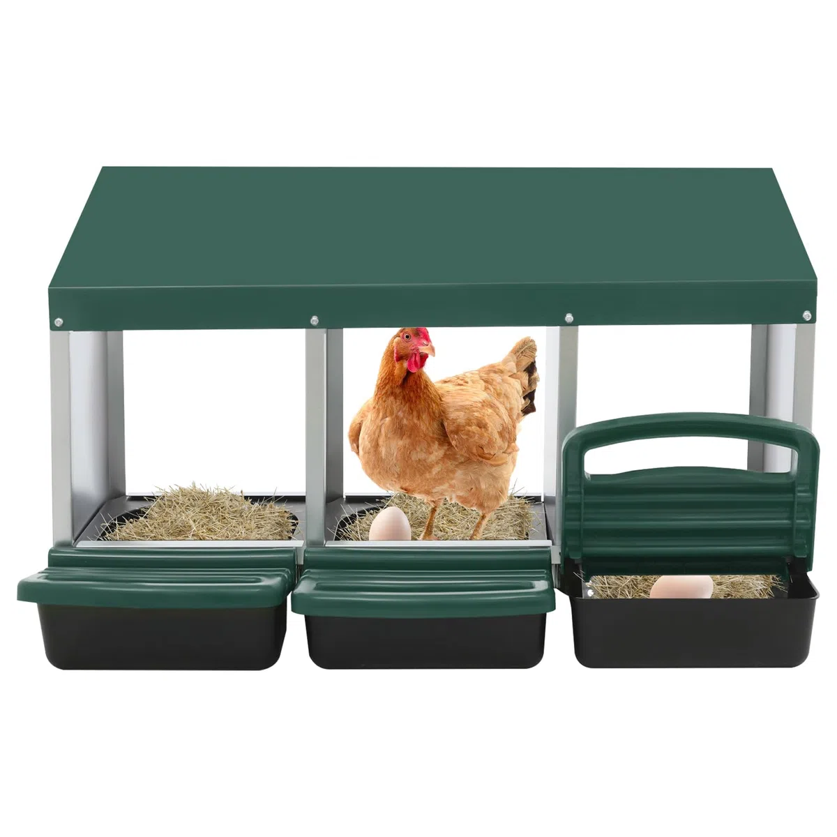 Nido per polli, 3 scomparti, con nido rotolabile per uova, zincato, con protezione per raccogliere le uova, montaggio a parete, 3 posti per stalla, con ventilazione (81 x 52 x 48 cm) (verde)