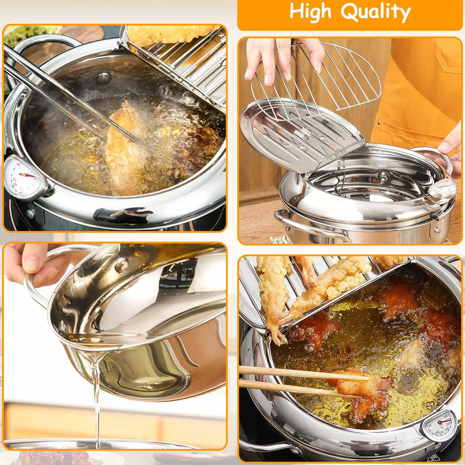 Pentola per Friggere, Friggitrice Tempura in Acciaio Inossidabile 304 Pentola friggitrice Giapponese Giapponese Tempura Friggitrice con Termometro per Pollo Francese, Pesce Secco (24 cm)