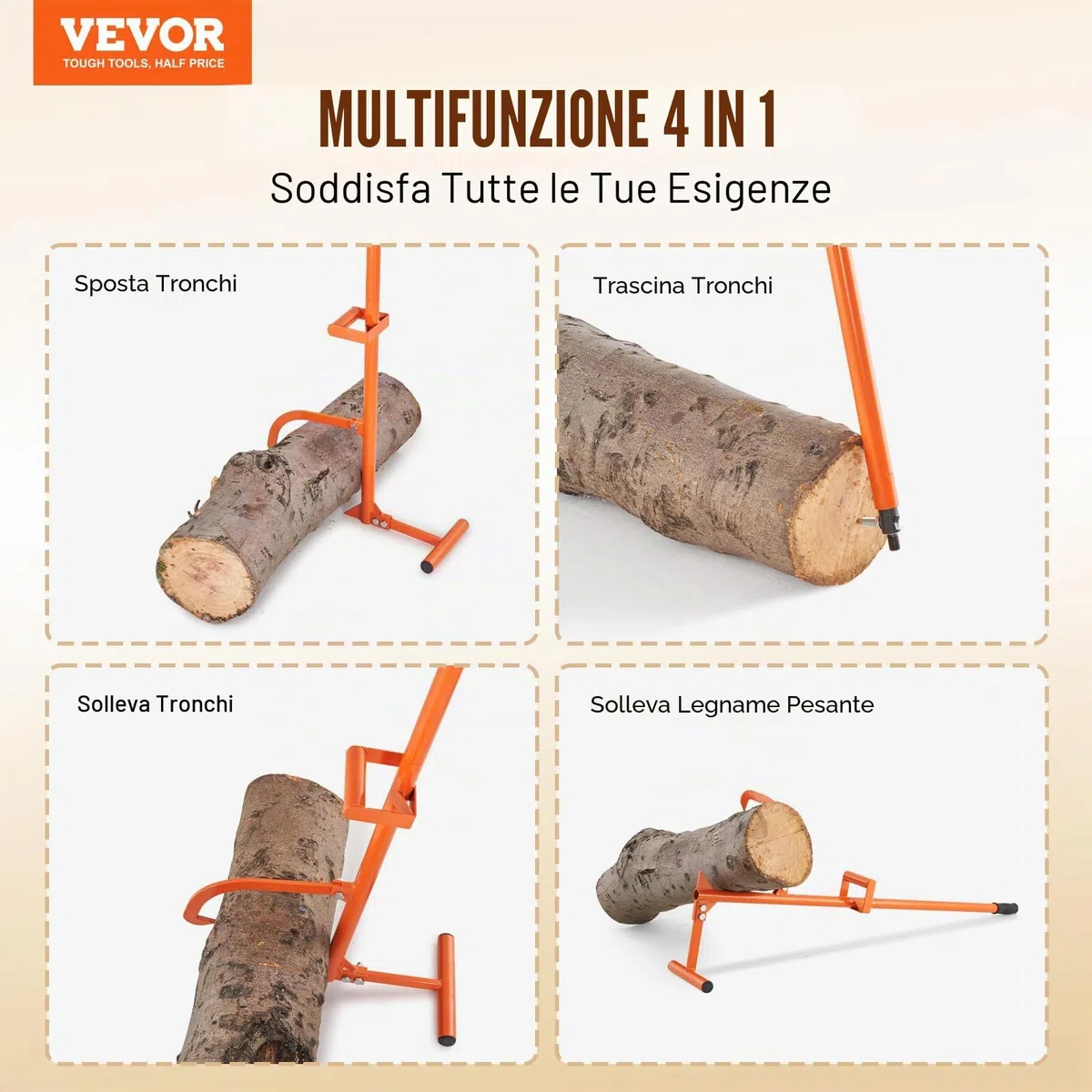 VEVOR Cric per Tronchi, 1219 mm Sollevatore per Tronchi in Acciaio per Impieghi Gravosi, Rullo per Tronchi Multifunzionale, Gancio Regolabile per Inclinazione, Martinetto per Tronchi, Diametro 381 mm
