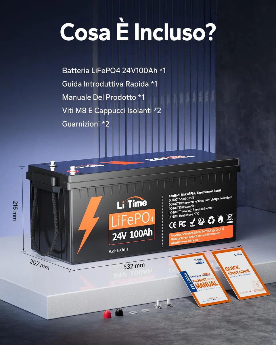 LiTime 24V 100Ah Batteria al Litio, Batteria Lifepo4 con 100A BMS, 4000+ Cicli, 10 Anni Di Vita, Batteria Litio Adatta Per Caravan, Camper, Solare, Nautica, Applicazioni Off-grid