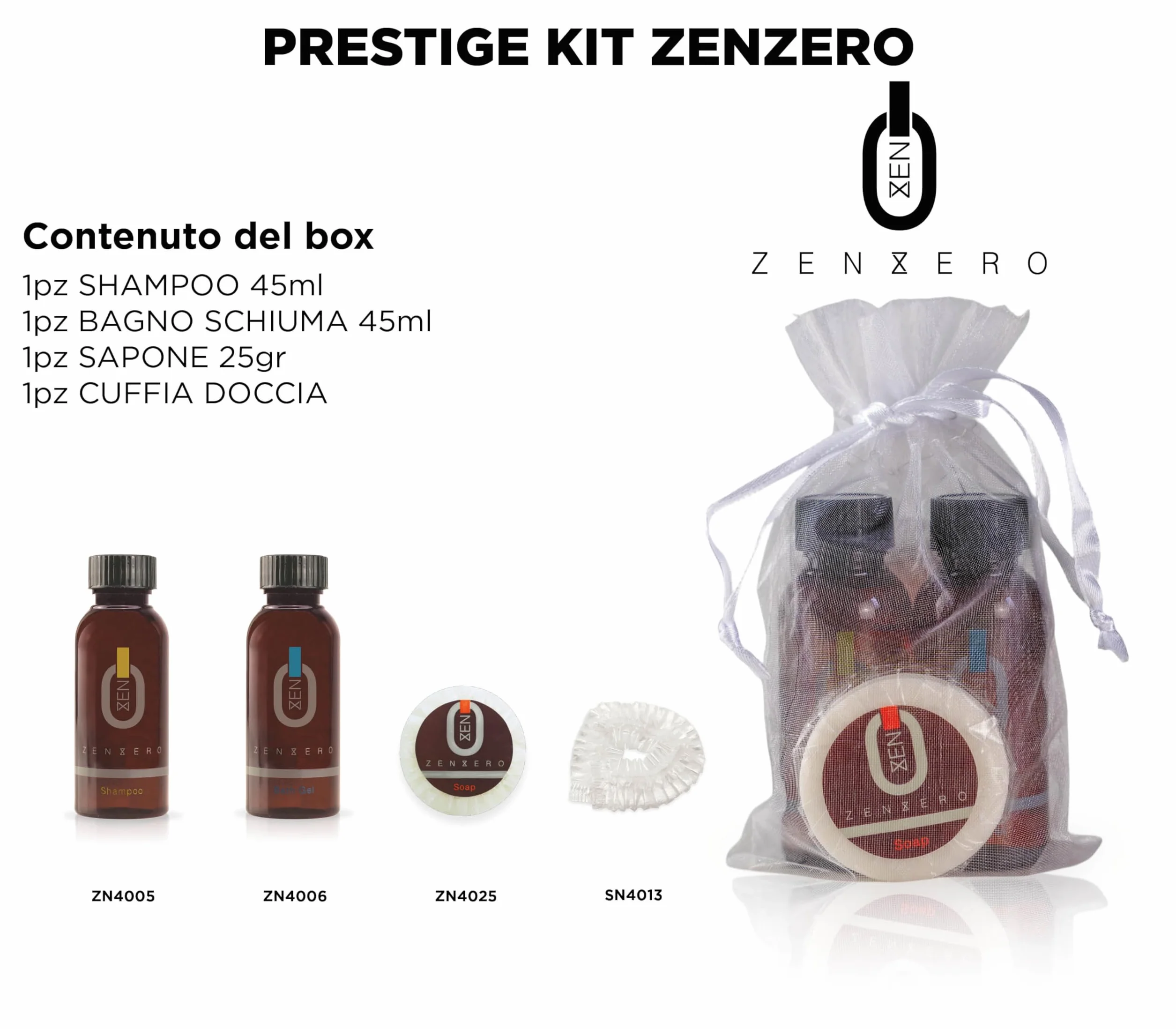 PRESENT-MORE - Set Cortesia 15 Ospiti Zenzero - Fragranza Zenzero e Limone - Contiene: Shampoo, Gel Doccia, Sapone e Cuffia - Per Hotel e B&B