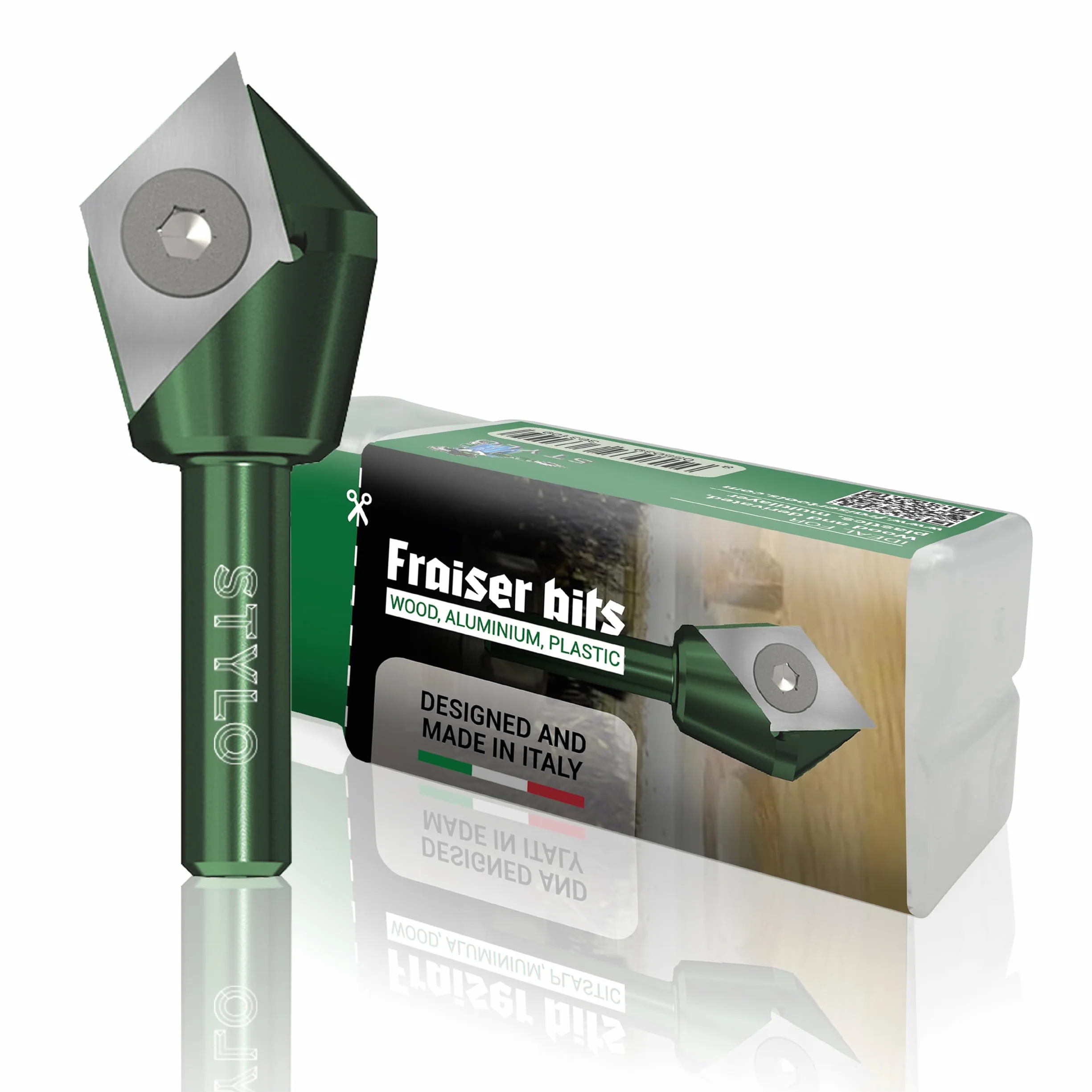 Fraiser Stylo - fresa a V multifunzione con coltellino reversibile per incidere, smussare a 45° e scanalature a 90° su legno, derivati e plastiche, gambo 8 mm, per CNC e fresatrice verticale