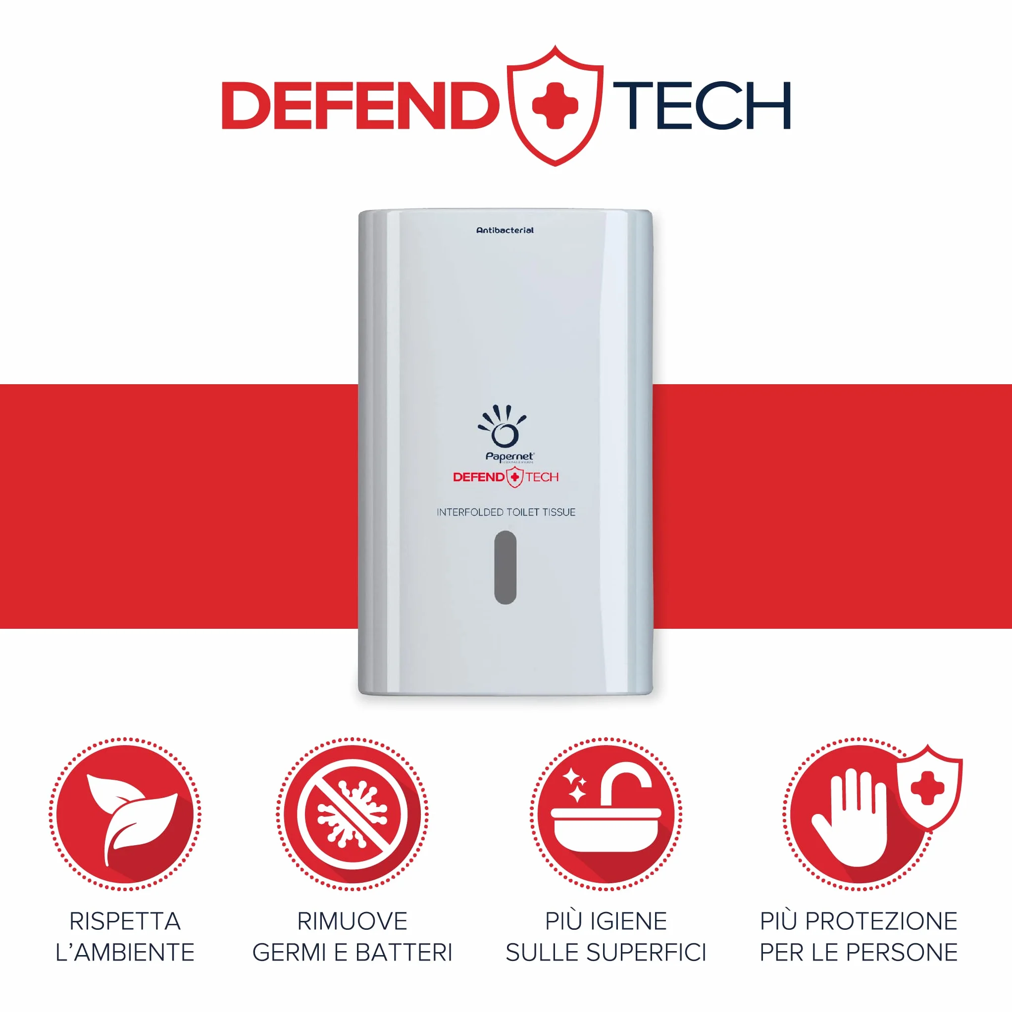 Papernet Defend Tech Dispenser Antibatterico Carta Igienica Interfogliata 416147 Plastica Riciclata Capacità 2,5 Clips 26,5x13,5x16,5cm Bianco